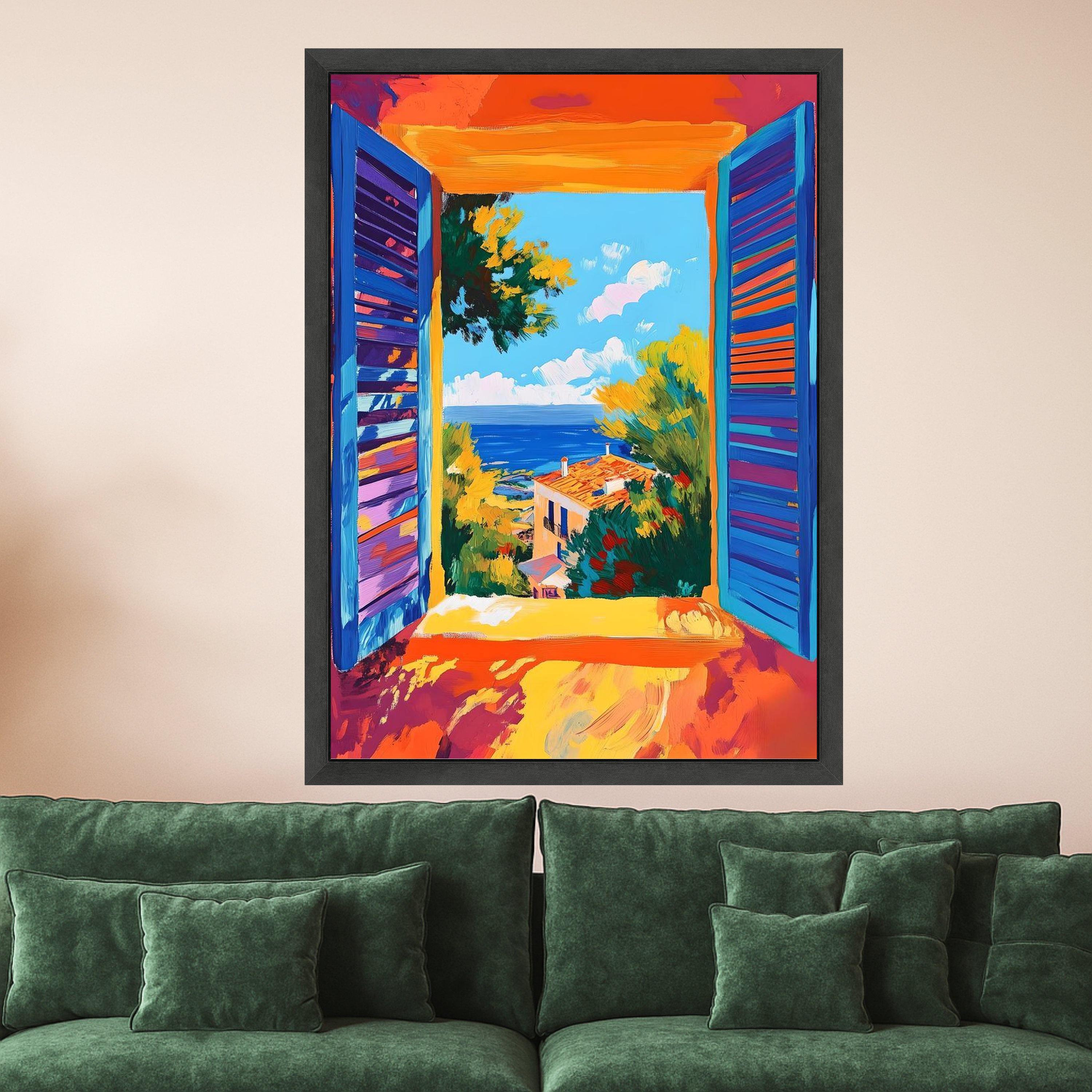 Mediterranean Window Canvas Print – Colorful Seaside Wall Art – Coastal Wall Decor – Ready to Hang Vibrant Home Painting