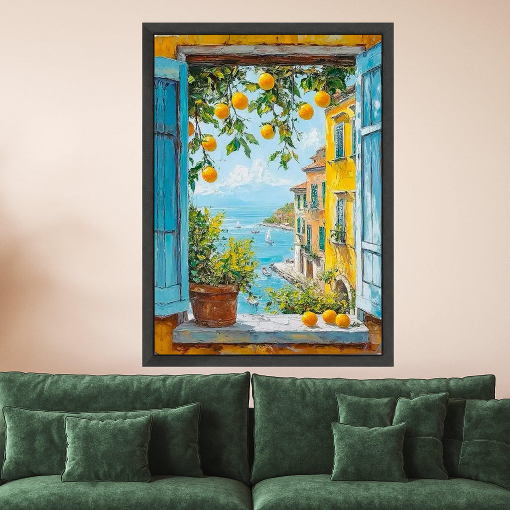 Mediterranean Window View Canvas Print – Orange Tree Wall Art, Coastal Village Wall Decor, Seaside Summer Scene, Ready to Hang