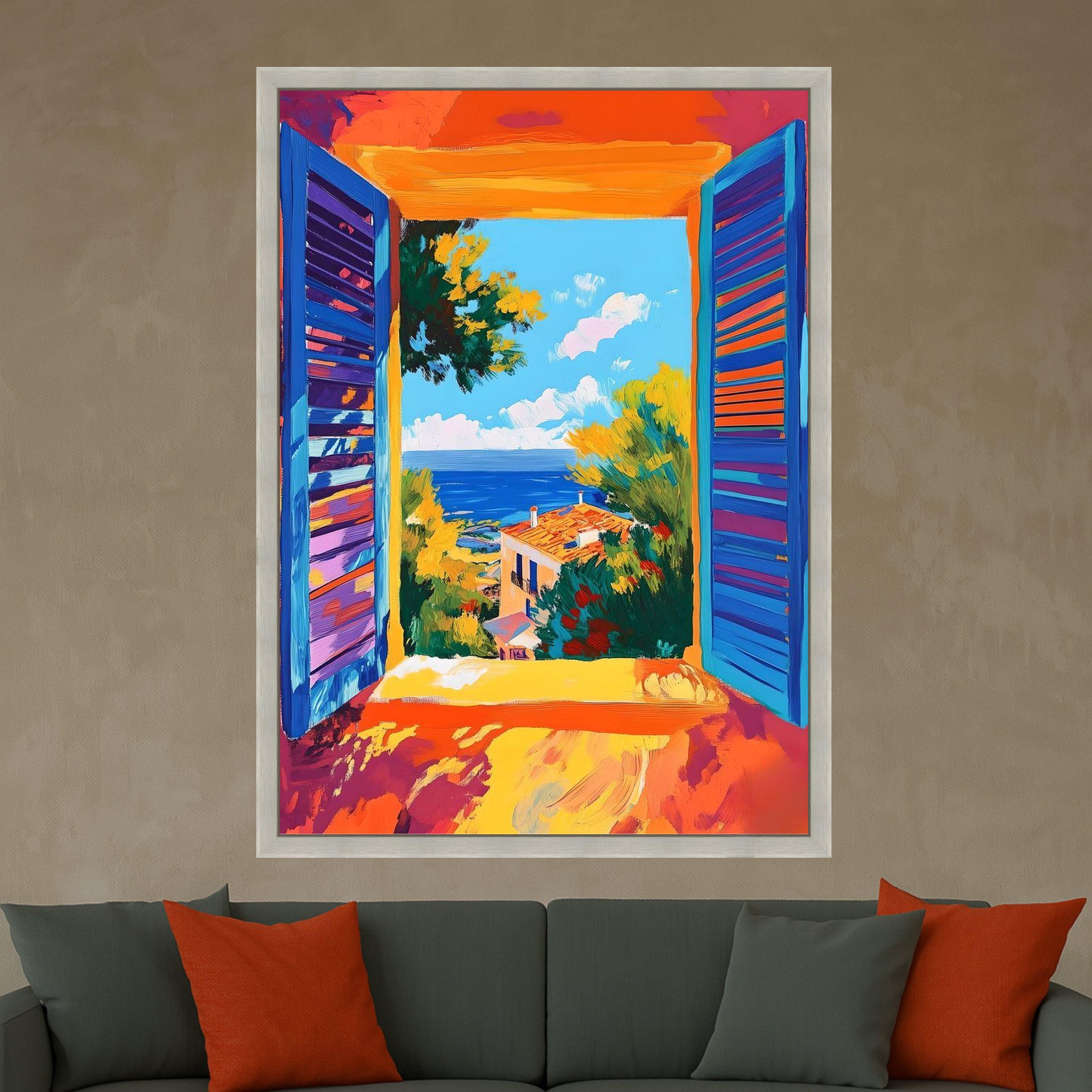 Mediterranean Window Canvas Print – Colorful Seaside Wall Art – Coastal Wall Decor – Ready to Hang Vibrant Home Painting