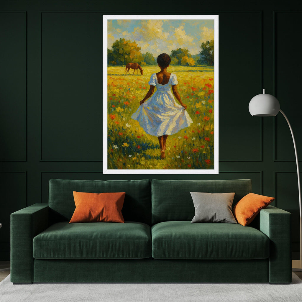 Country Meadow Canvas Print – Girl in White Dress Wall Art, Peaceful Field Scene, Horse & Wildflowers Wall Decor, Ready to Hang