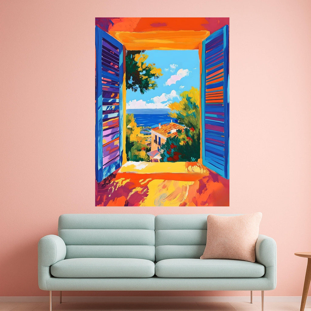 Mediterranean Window Canvas Print – Colorful Seaside Wall Art – Coastal Wall Decor – Ready to Hang Vibrant Home Painting