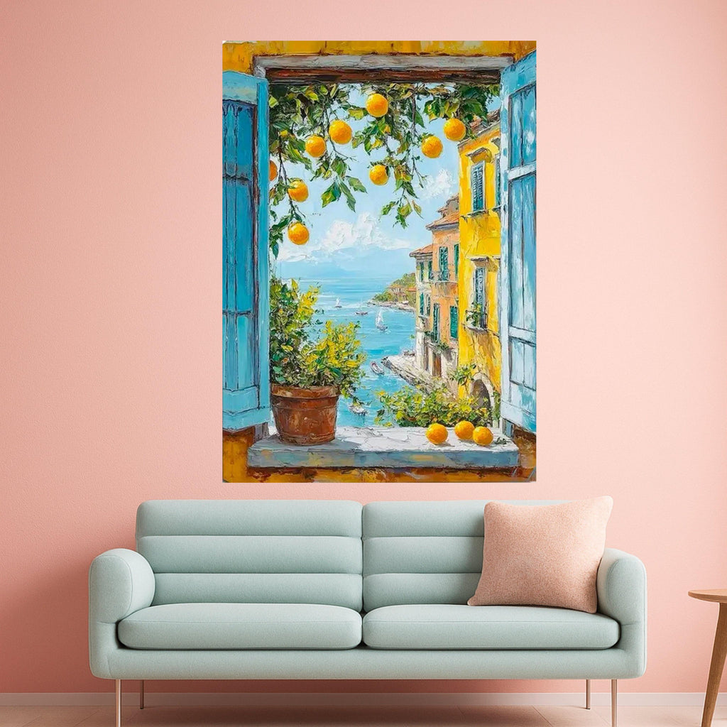 Mediterranean Window View Canvas Print – Orange Tree Wall Art, Coastal Village Wall Decor, Seaside Summer Scene, Ready to Hang