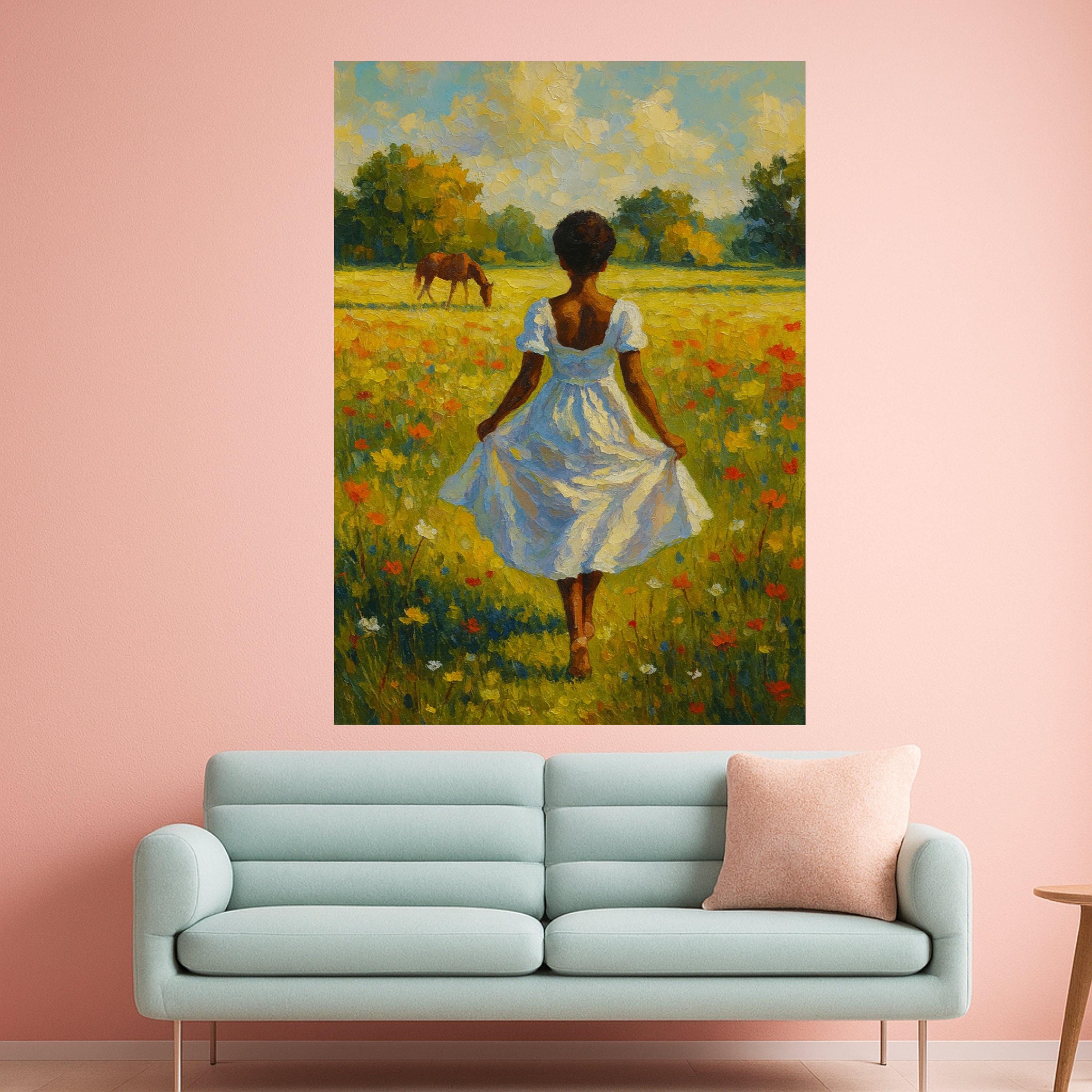 Country Meadow Canvas Print – Girl in White Dress Wall Art, Peaceful Field Scene, Horse & Wildflowers Wall Decor, Ready to Hang