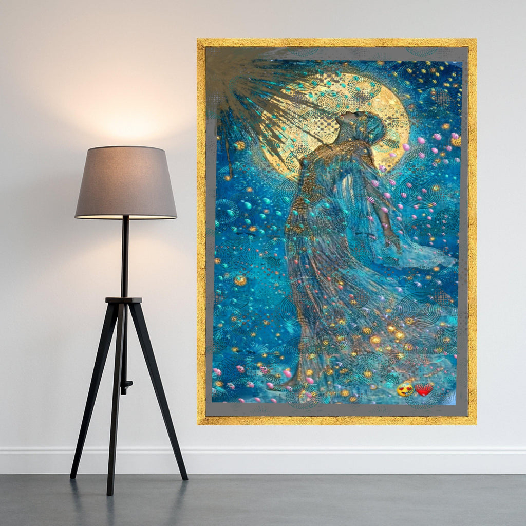 Celestial Goddess Canvas Print – Mystical Moonlight Wall Art – Dreamy Blue Wall Decor – Ready to Hang Spiritual Painting