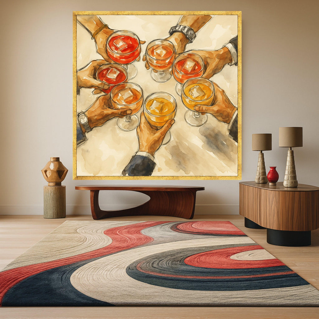Celebration Cheers Canvas Wall Art, Hands Holding Cocktails Painting, Social Gathering Drink Decor, Party Vibe Artwork, Ready Ready To Hang,