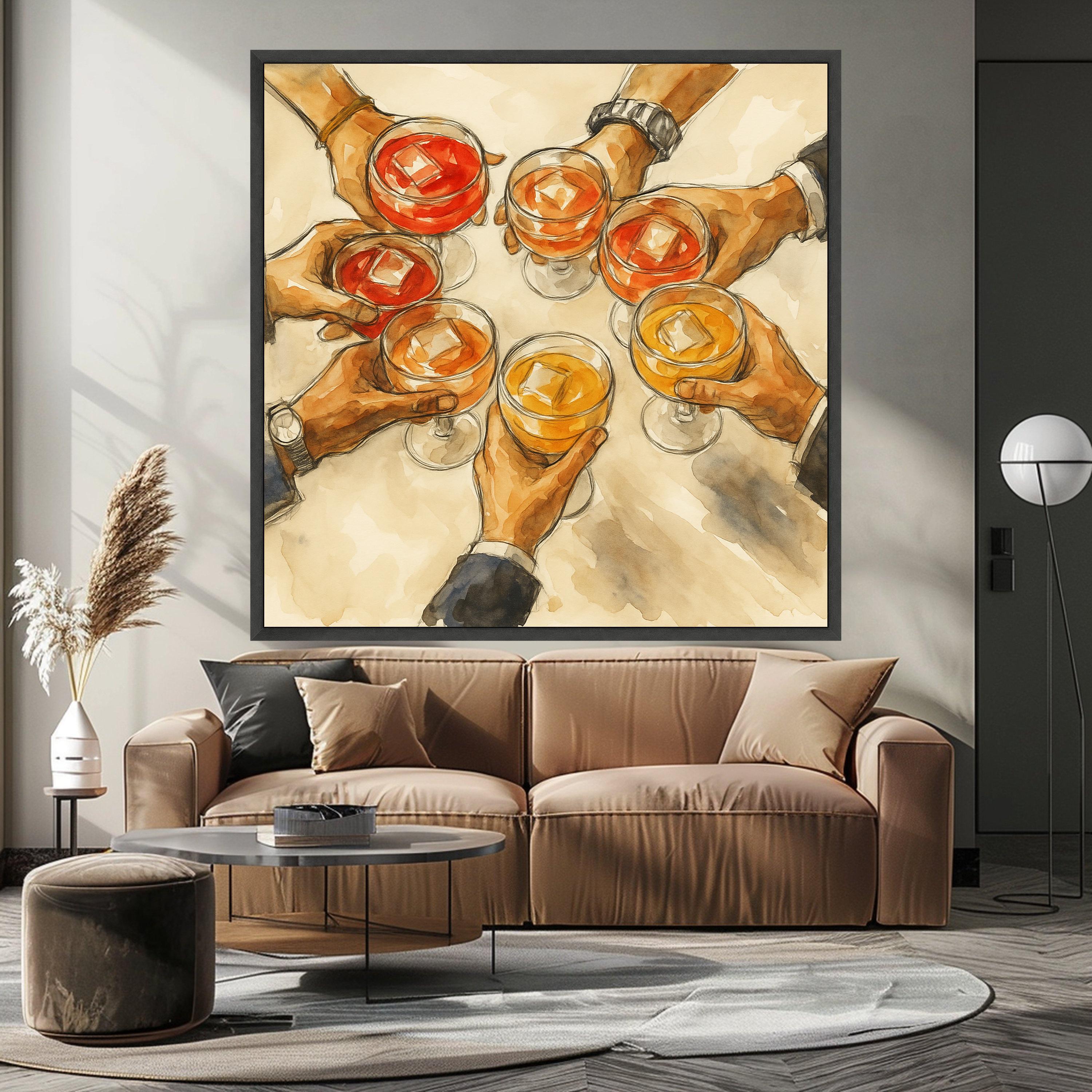 Celebration Cheers Canvas Wall Art, Hands Holding Cocktails Painting, Social Gathering Drink Decor, Party Vibe Artwork, Ready Ready To Hang,