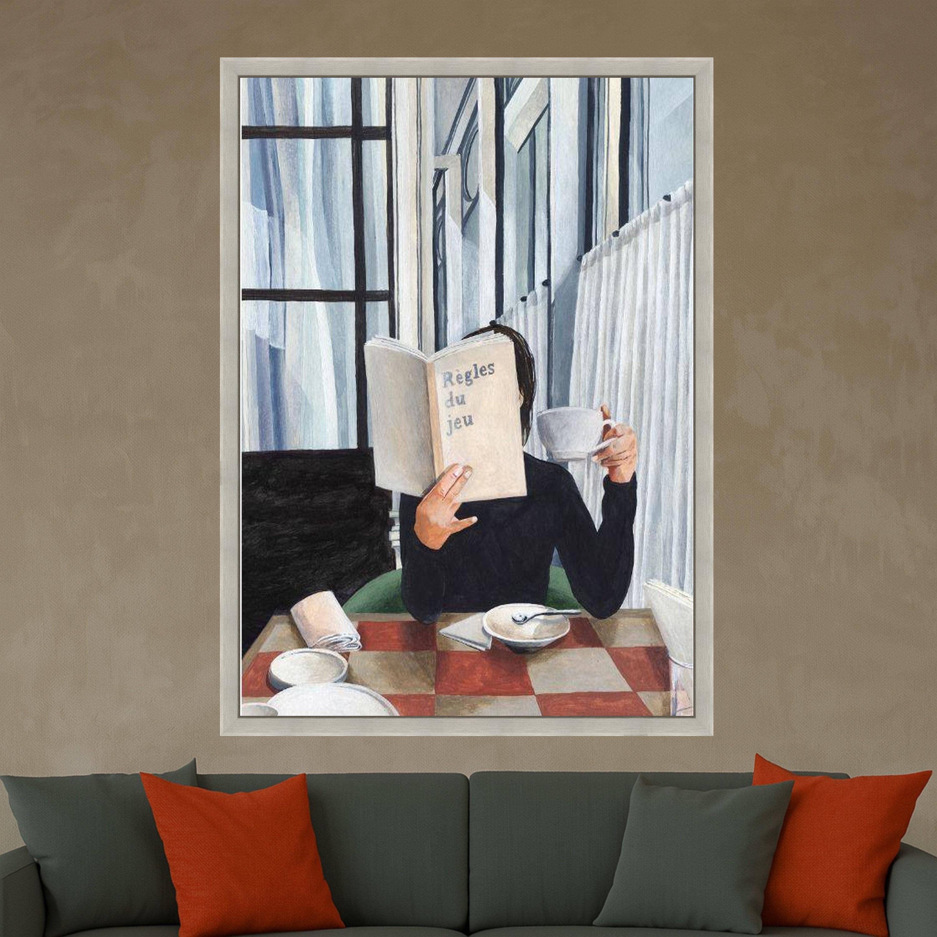 Minimalist Reading Canvas Print – Modern Cafe Scene Wall Art – Elegant Wall Decor for Book Lovers – Ready to Hang Painting