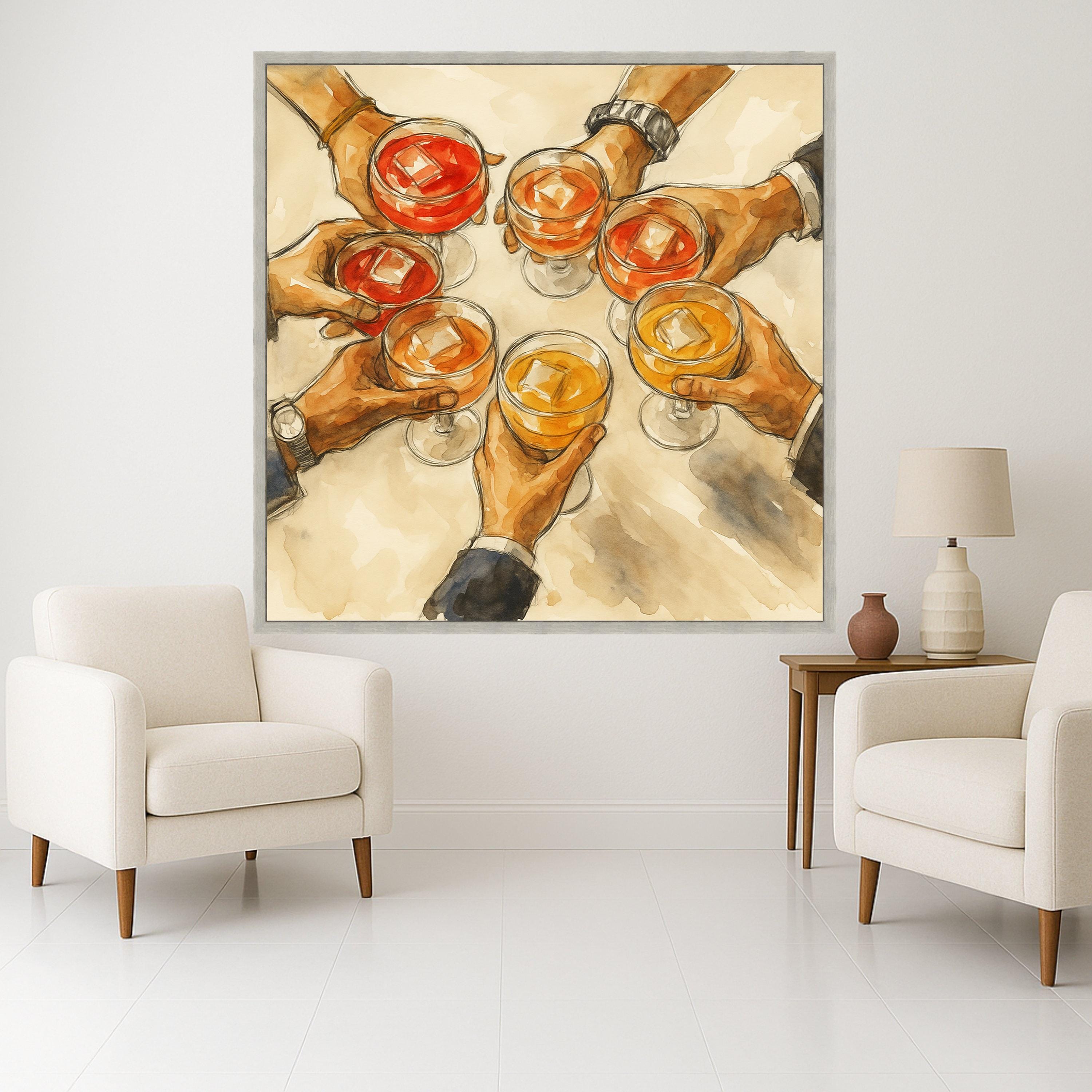 Celebration Cheers Canvas Wall Art, Hands Holding Cocktails Painting, Social Gathering Drink Decor, Party Vibe Artwork, Ready Ready To Hang,