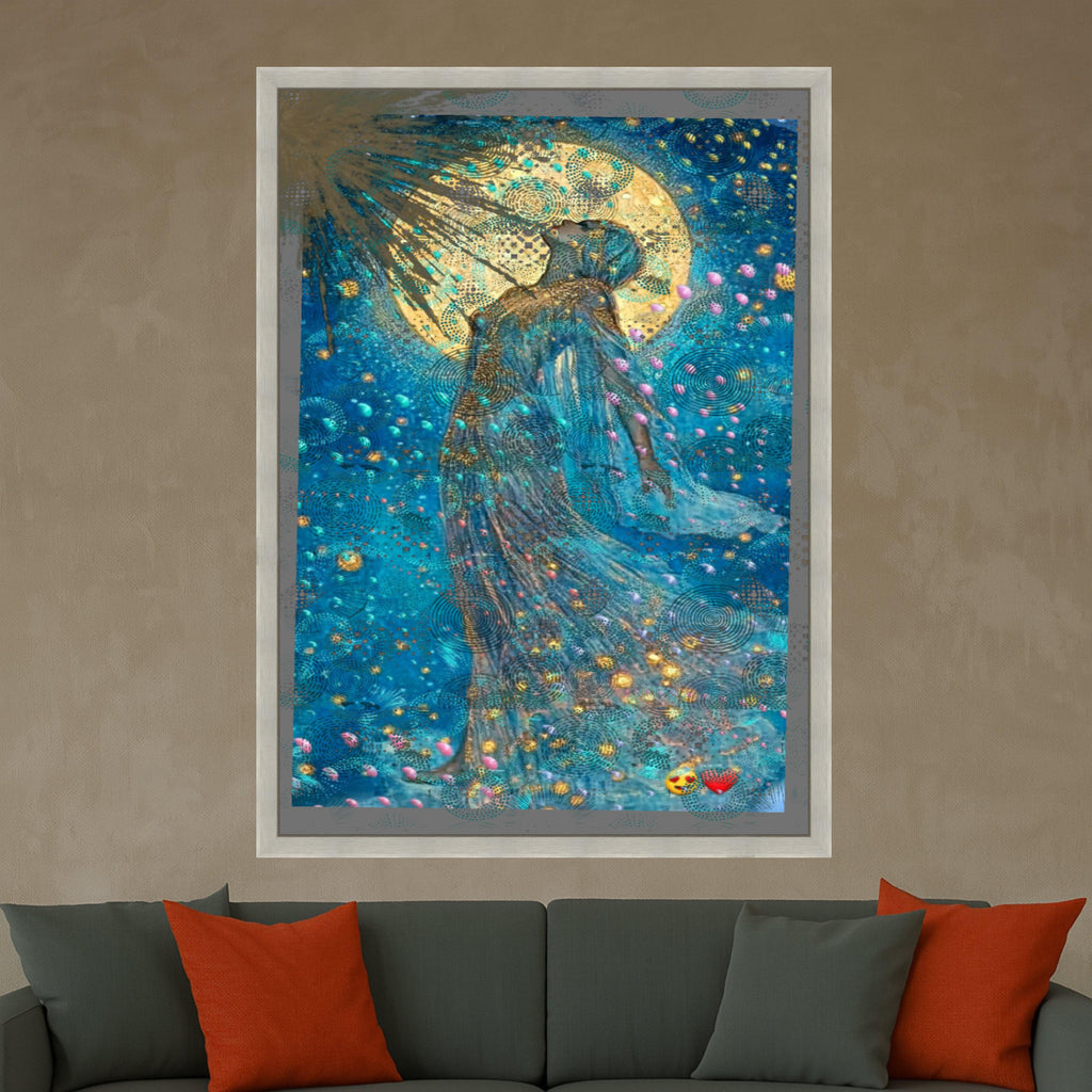 Celestial Goddess Canvas Print – Mystical Moonlight Wall Art – Dreamy Blue Wall Decor – Ready to Hang Spiritual Painting