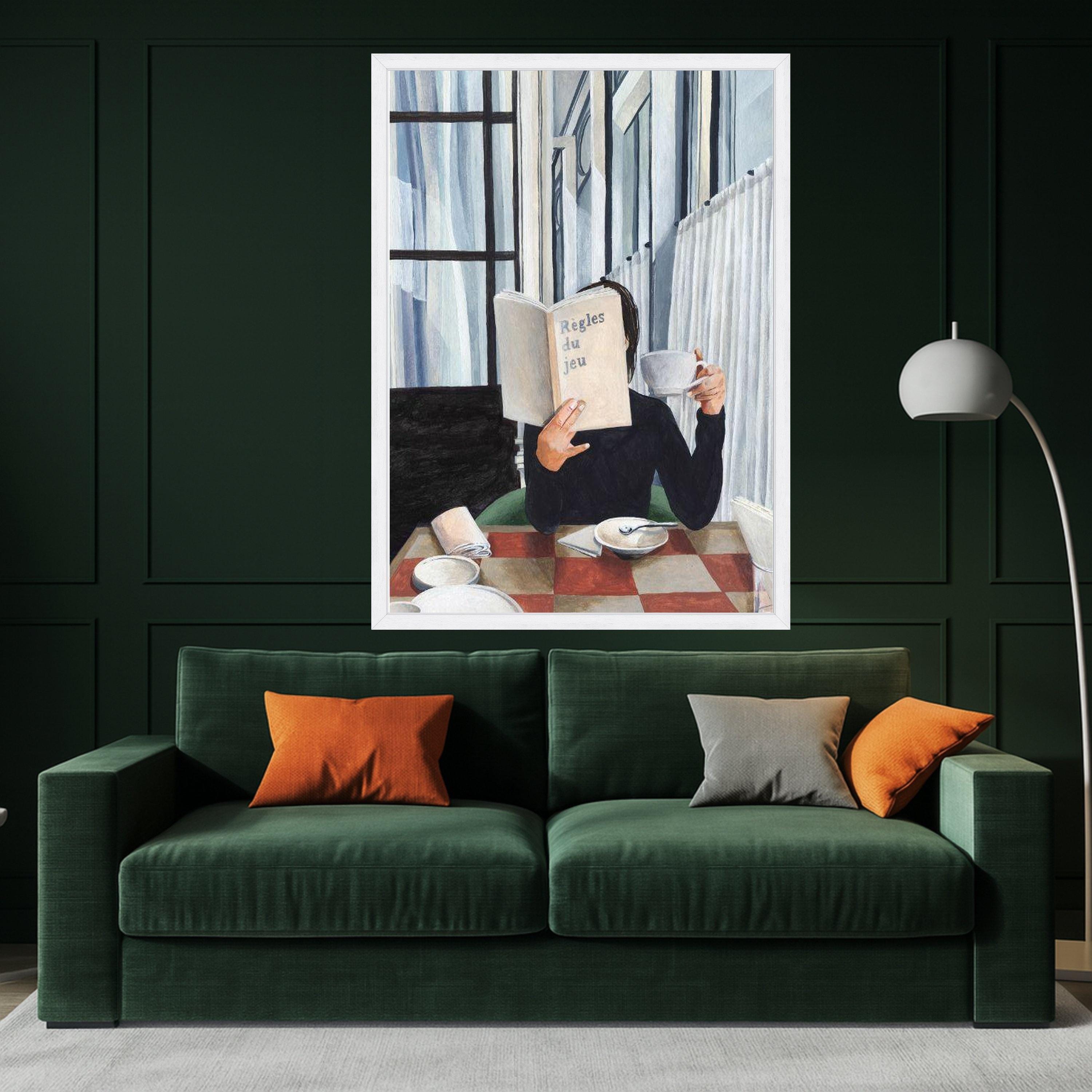 Minimalist Reading Canvas Print – Modern Cafe Scene Wall Art – Elegant Wall Decor for Book Lovers – Ready to Hang Painting