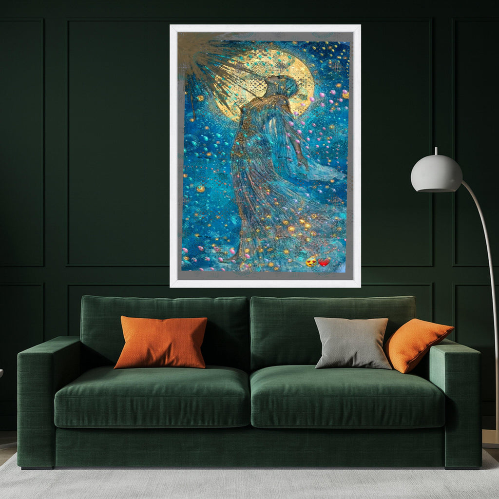 Celestial Goddess Canvas Print – Mystical Moonlight Wall Art – Dreamy Blue Wall Decor – Ready to Hang Spiritual Painting