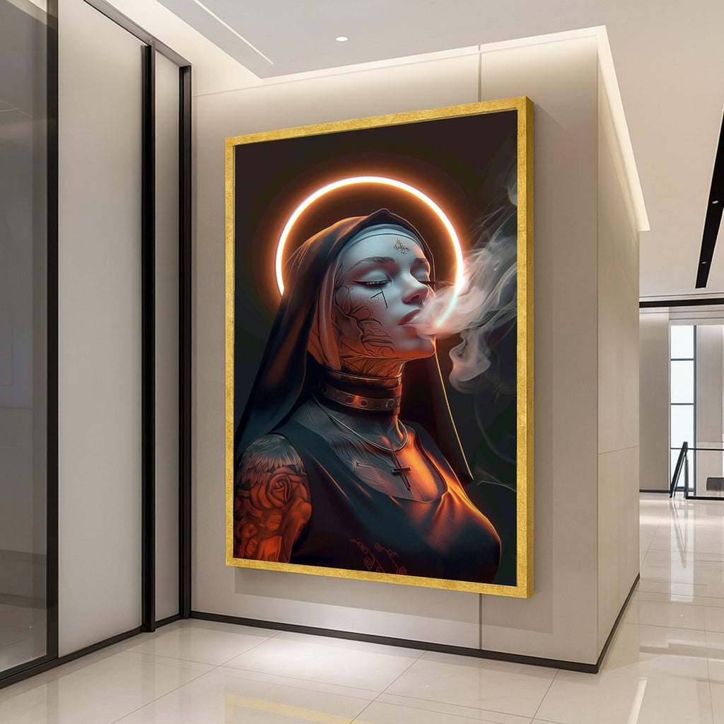 Modern Gothic Nun Canvas Wall Art, Tattooed Woman with Halo, Smoker Portrait Canvas, Dark Spiritual Decor, Edgy Religious Ready To Hang,