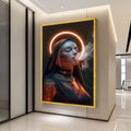Modern Gothic Nun Canvas Wall Art, Tattooed Woman with Halo, Smoker Portrait Canvas, Dark Spiritual Decor, Edgy Religious Ready To Hang,