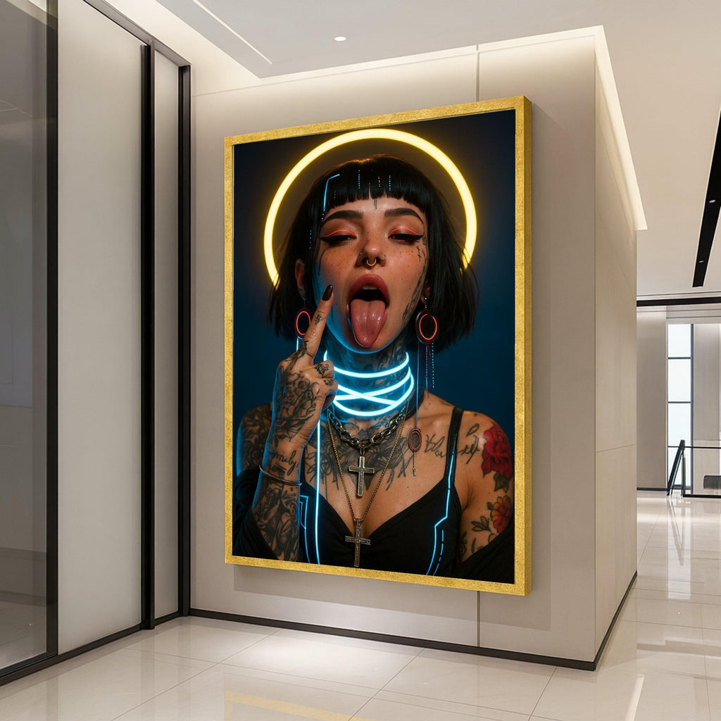 Neon Portrait Canvas Print – Cyberpunk Wall Art – Edgy Wall Decoration – Urban Wall Decor – Ready to Hang Modern Artwork