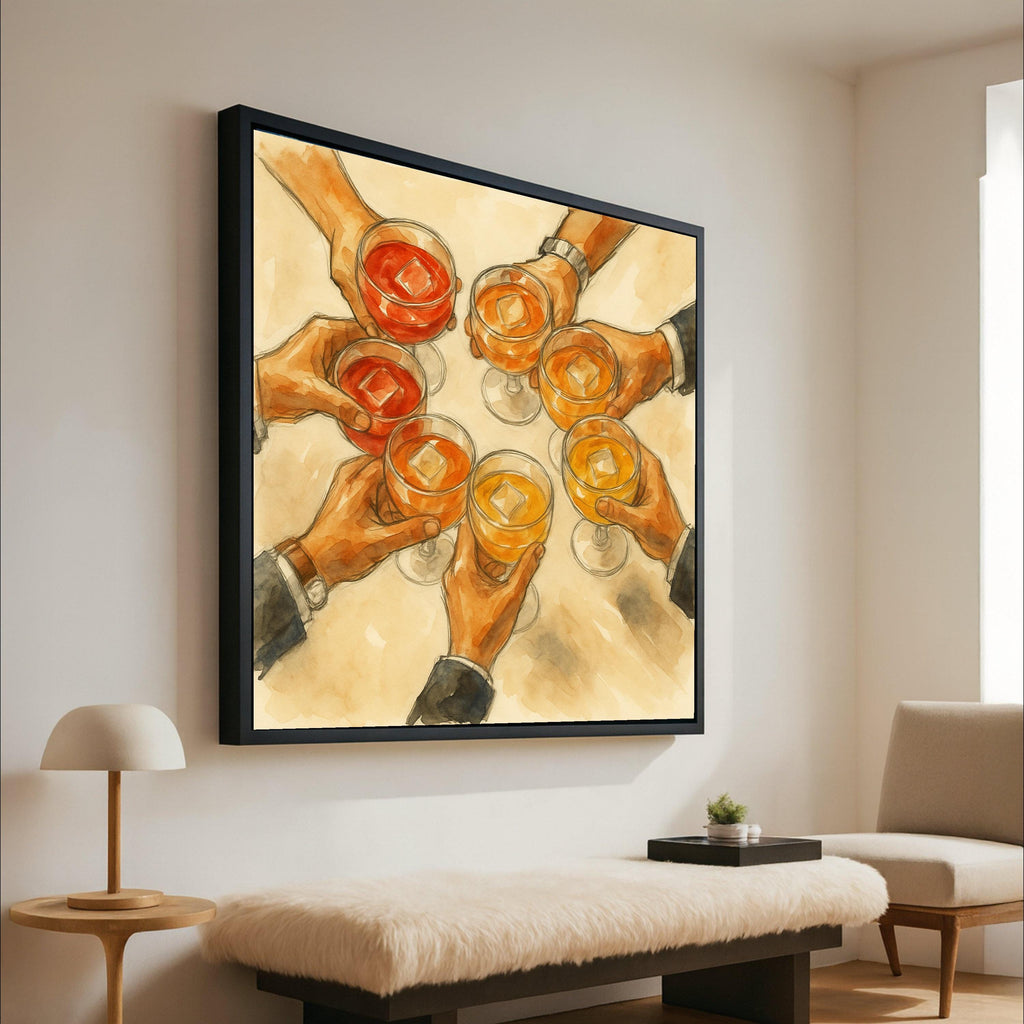 Toasting Celebration Canvas Wall Art, Hands Holding Glasses with Drinks, Party Scene Illustration, Cheers Wall Decor, Ready Ready To Hang,