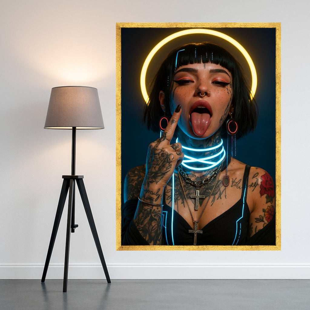 Neon Portrait Canvas Print – Cyberpunk Wall Art – Edgy Wall Decoration – Urban Wall Decor – Ready to Hang Modern Artwork
