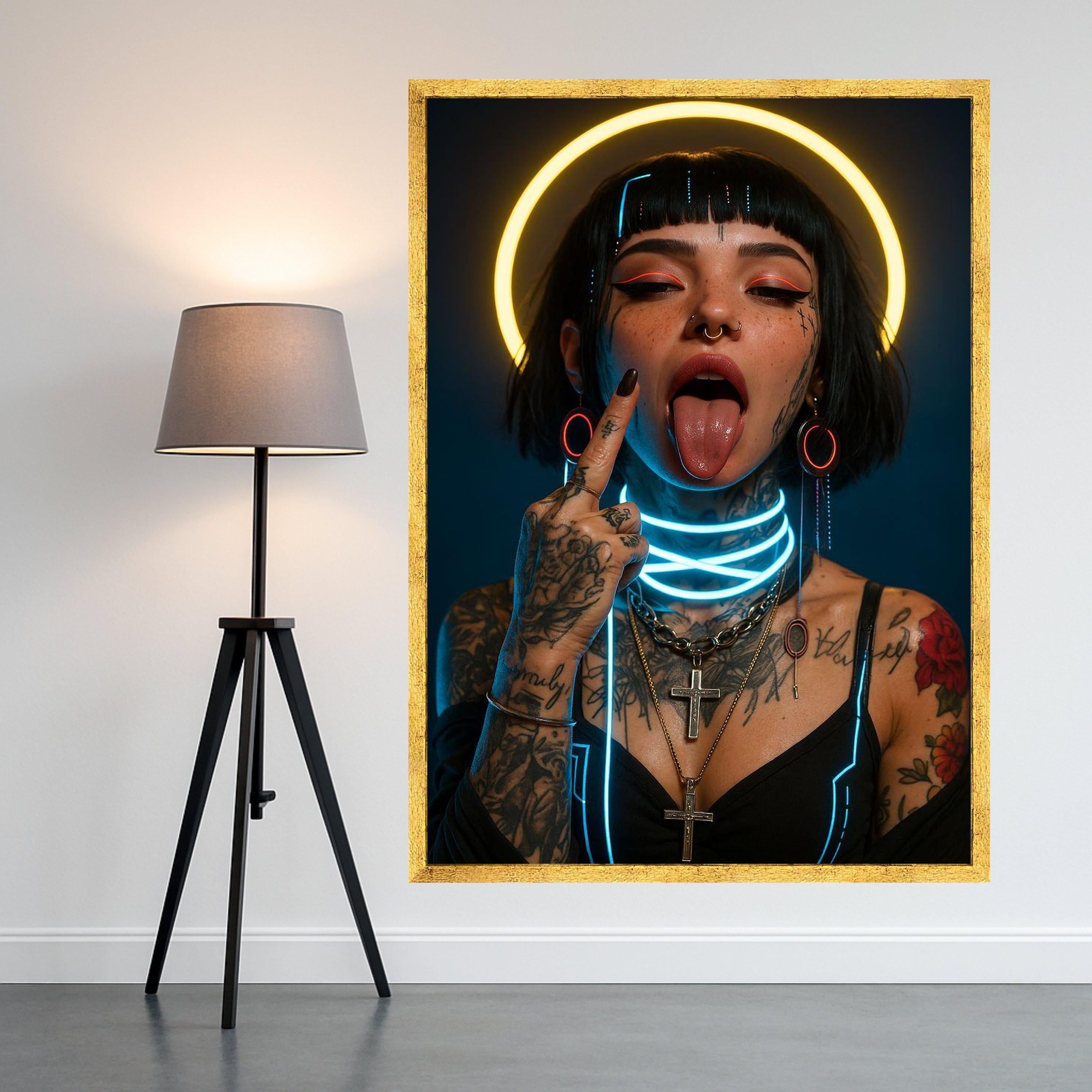 Neon Portrait Canvas Print – Cyberpunk Wall Art – Edgy Wall Decoration – Urban Wall Decor – Ready to Hang Modern Artwork