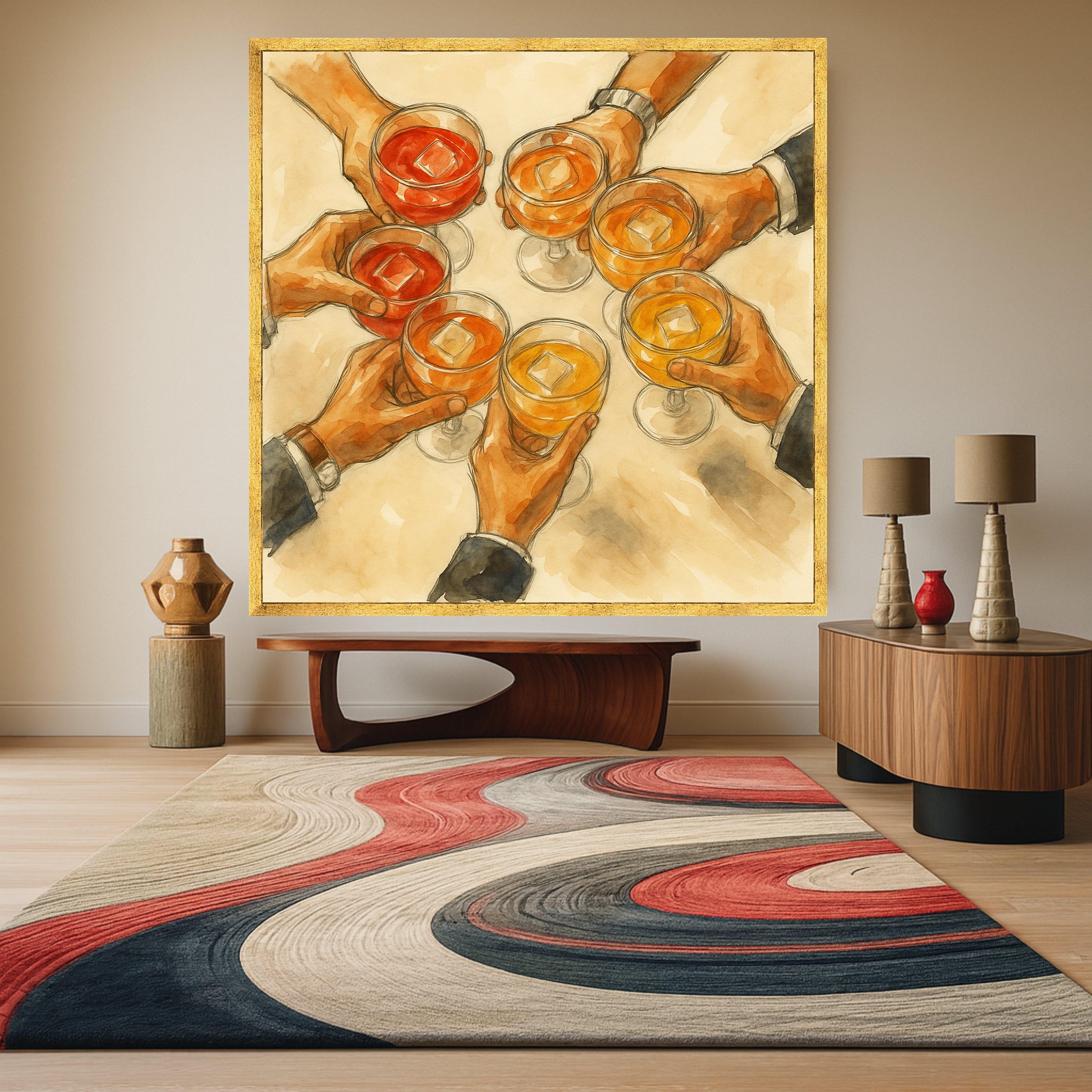 Toasting Celebration Canvas Wall Art, Hands Holding Glasses with Drinks, Party Scene Illustration, Cheers Wall Decor, Ready Ready To Hang,