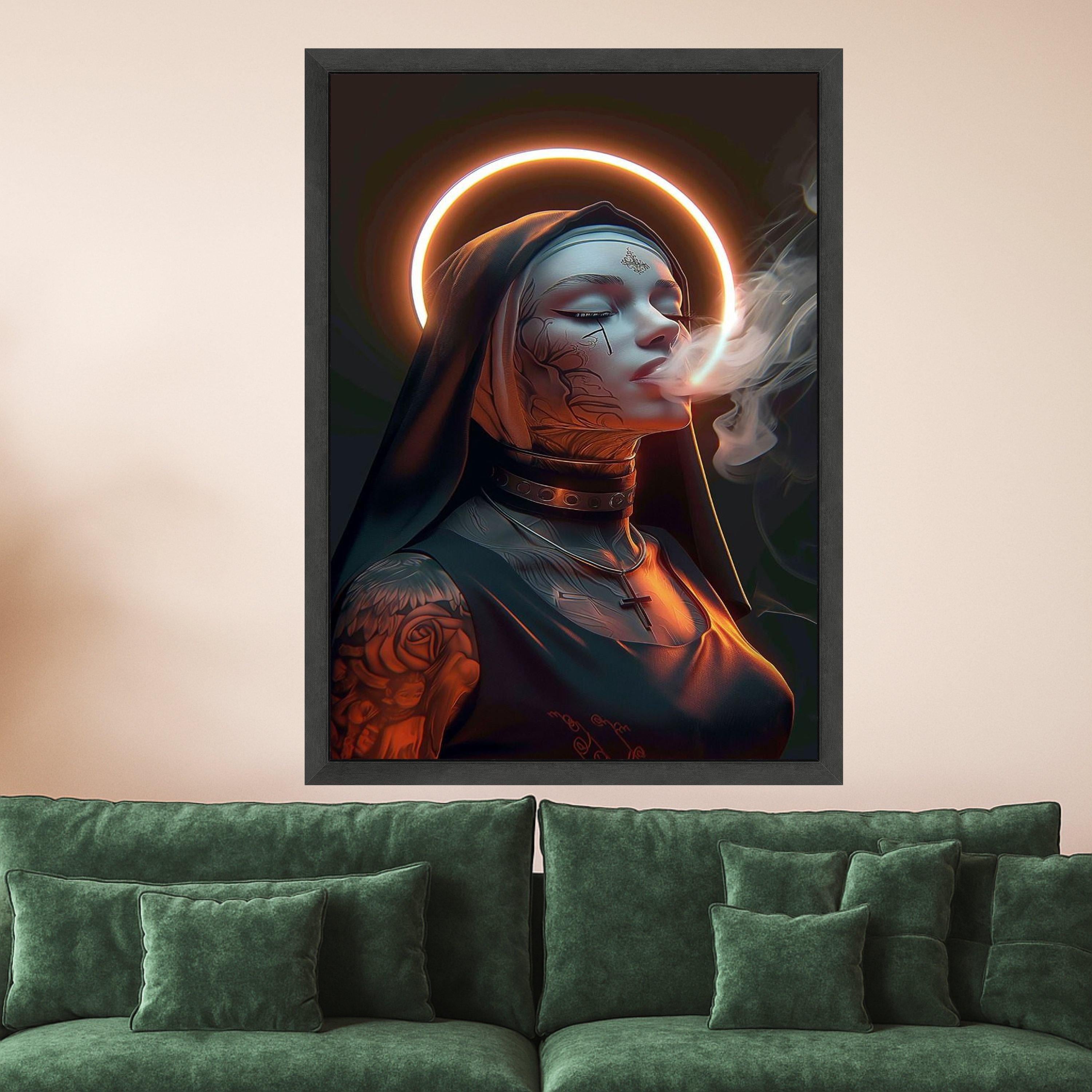 Modern Gothic Nun Canvas Wall Art, Tattooed Woman with Halo, Smoker Portrait Canvas, Dark Spiritual Decor, Edgy Religious Ready To Hang,