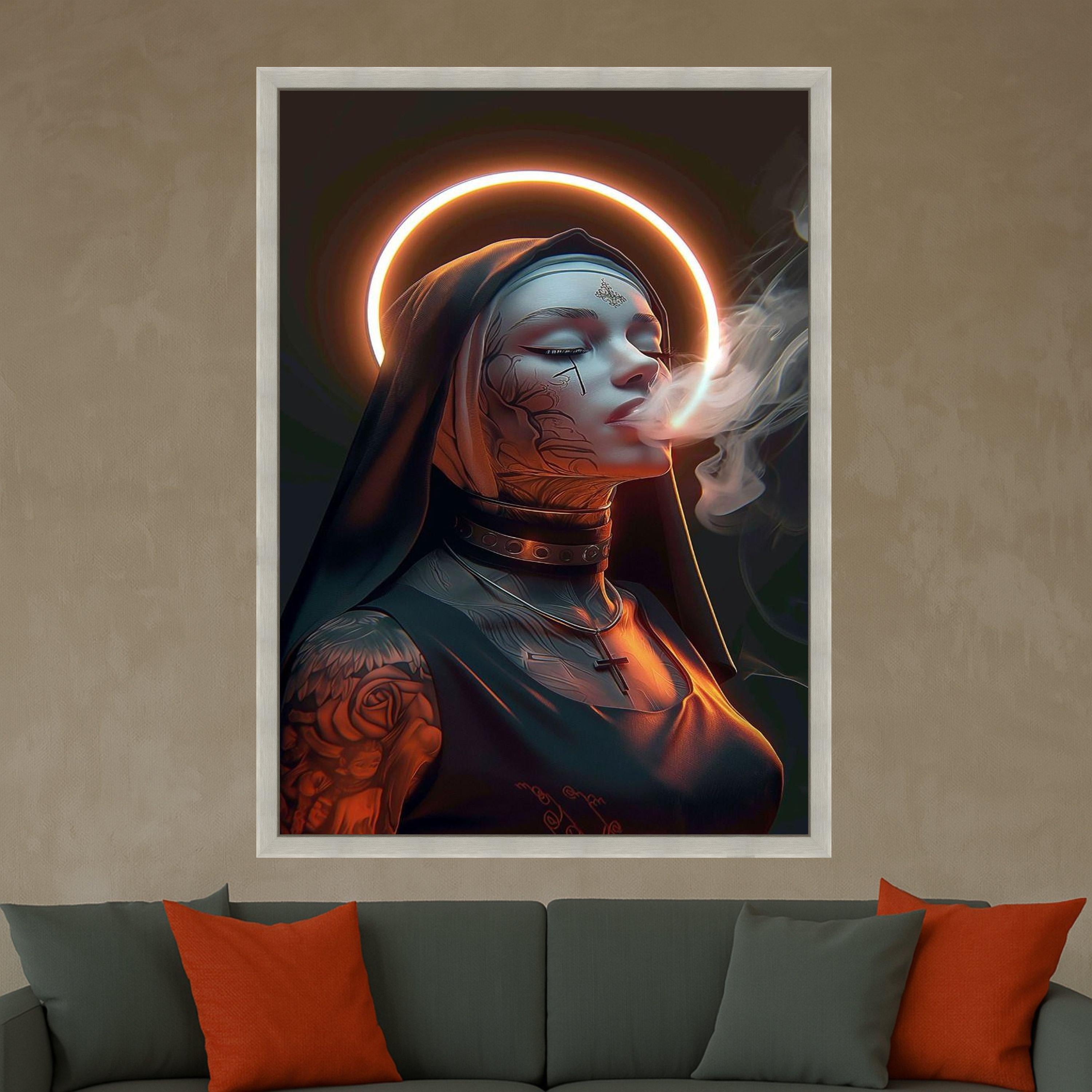 Modern Gothic Nun Canvas Wall Art, Tattooed Woman with Halo, Smoker Portrait Canvas, Dark Spiritual Decor, Edgy Religious Ready To Hang,