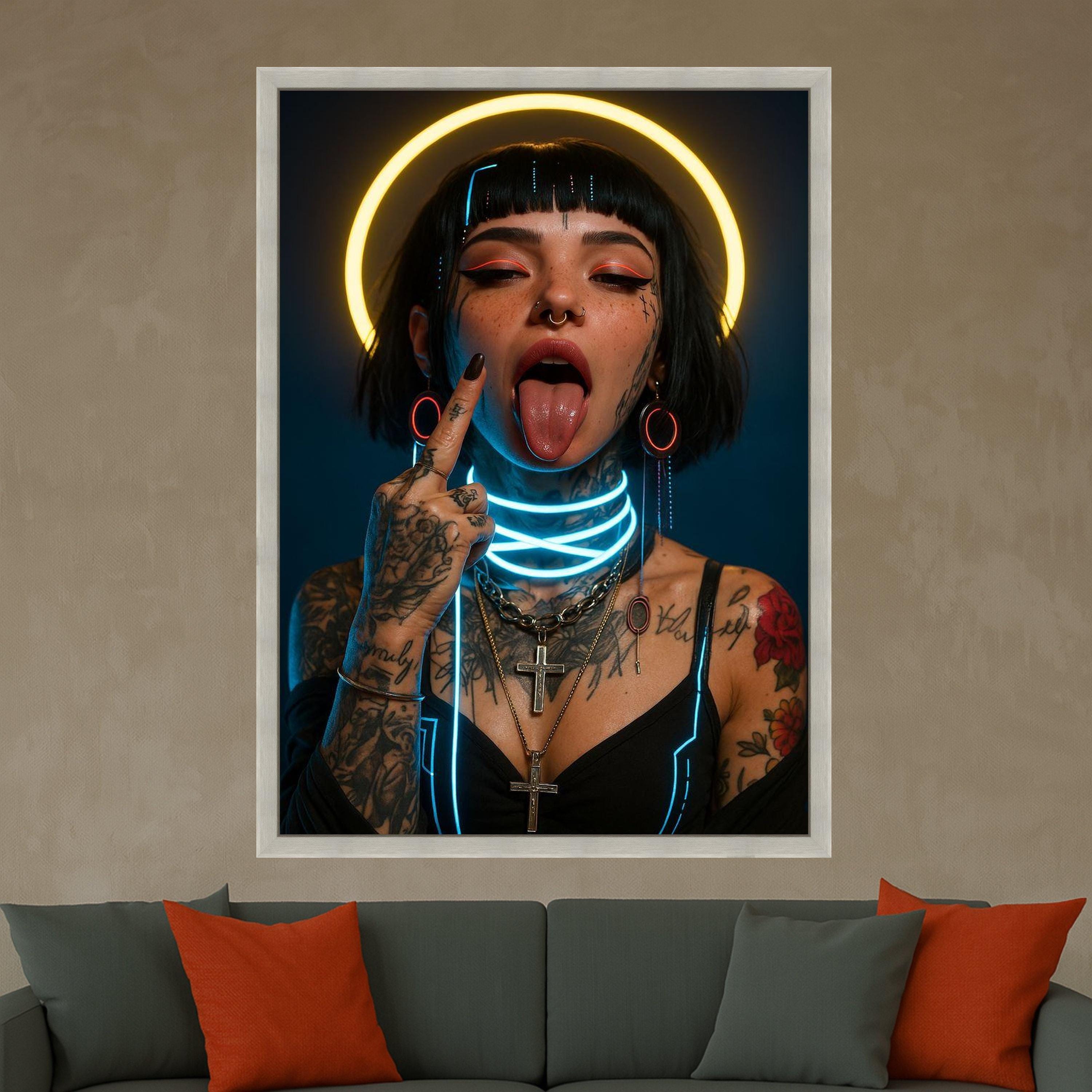 Neon Portrait Canvas Print – Cyberpunk Wall Art – Edgy Wall Decoration – Urban Wall Decor – Ready to Hang Modern Artwork