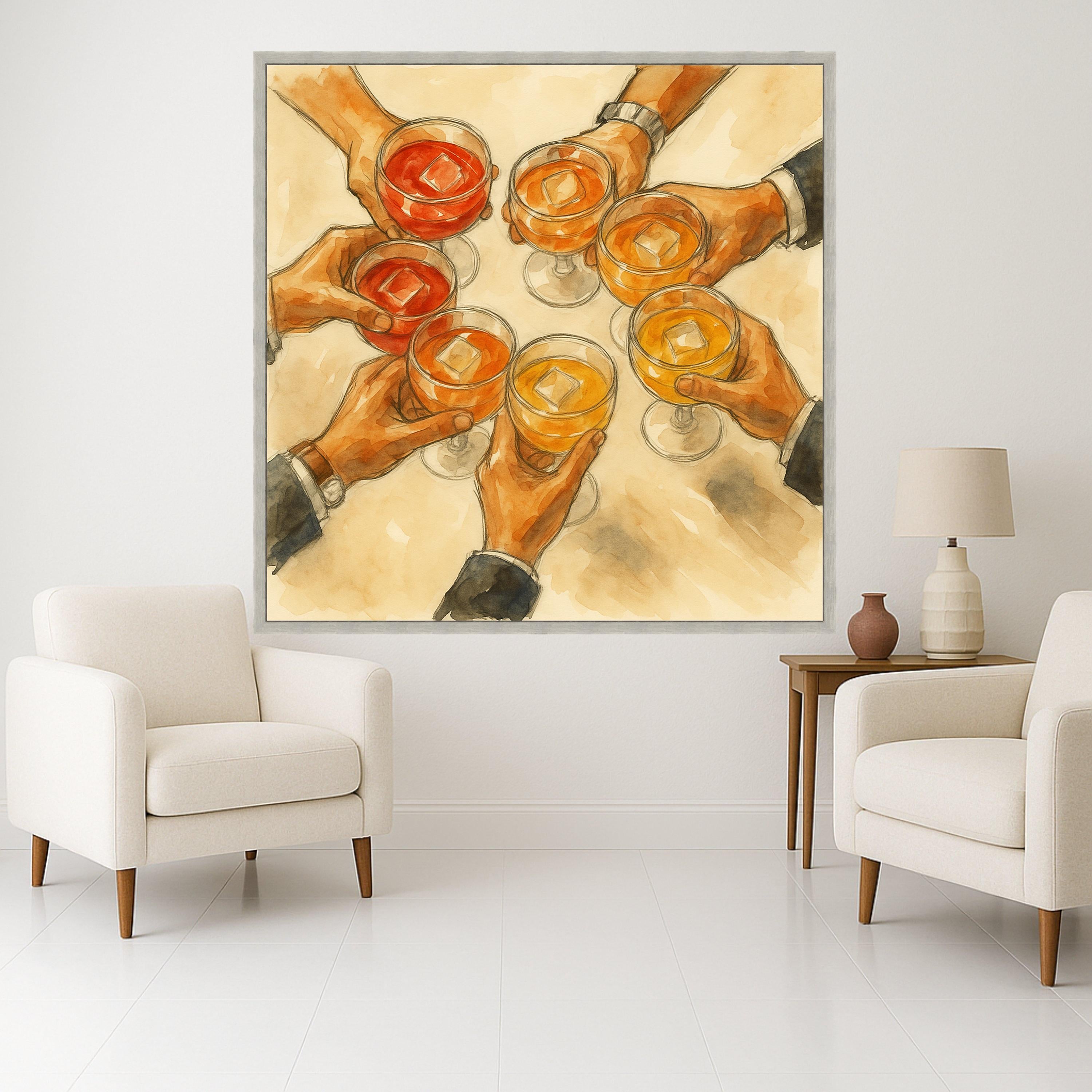 Toasting Celebration Canvas Wall Art, Hands Holding Glasses with Drinks, Party Scene Illustration, Cheers Wall Decor, Ready Ready To Hang,