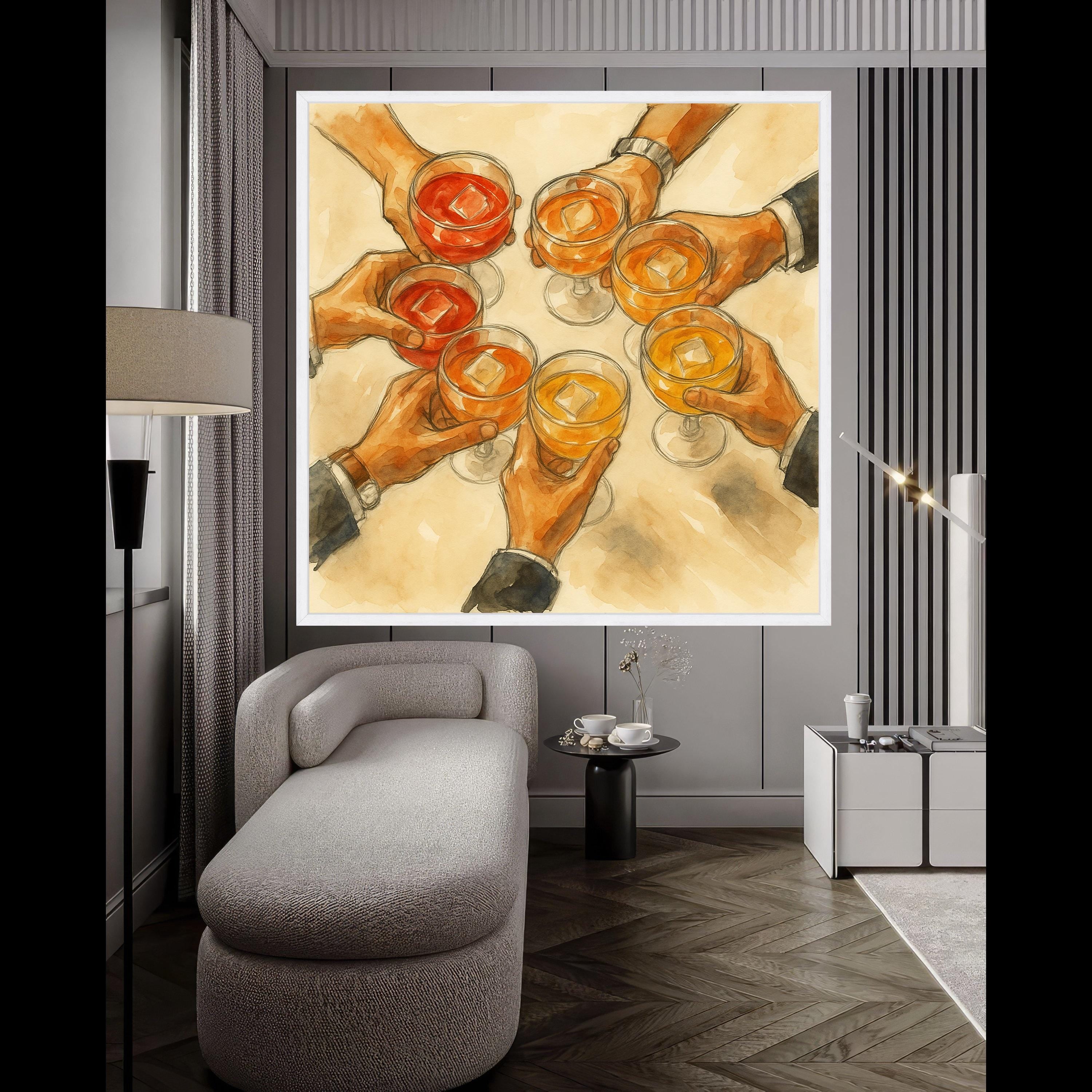 Toasting Celebration Canvas Wall Art, Hands Holding Glasses with Drinks, Party Scene Illustration, Cheers Wall Decor, Ready Ready To Hang,
