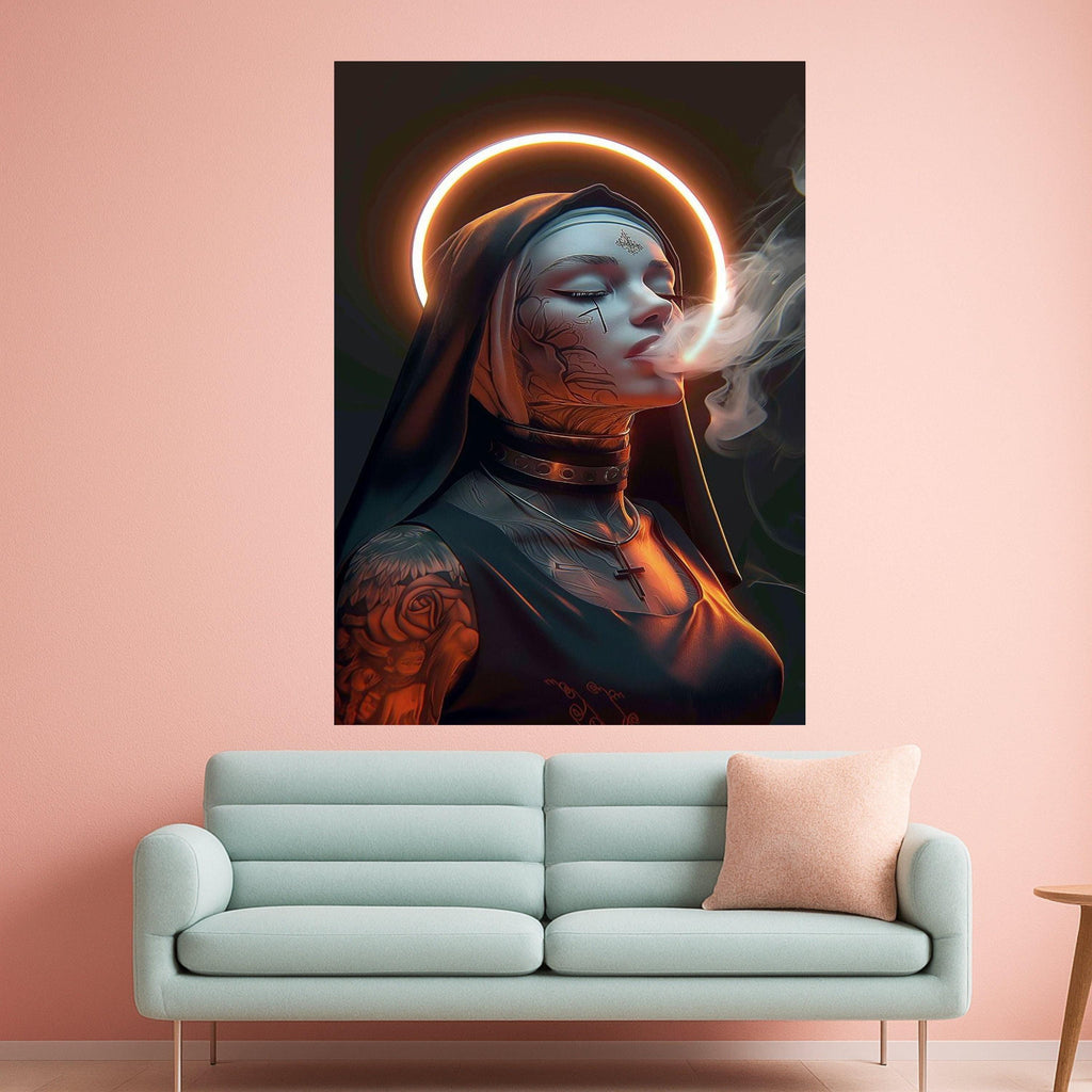 Modern Gothic Nun Canvas Wall Art, Tattooed Woman with Halo, Smoker Portrait Canvas, Dark Spiritual Decor, Edgy Religious Ready To Hang,