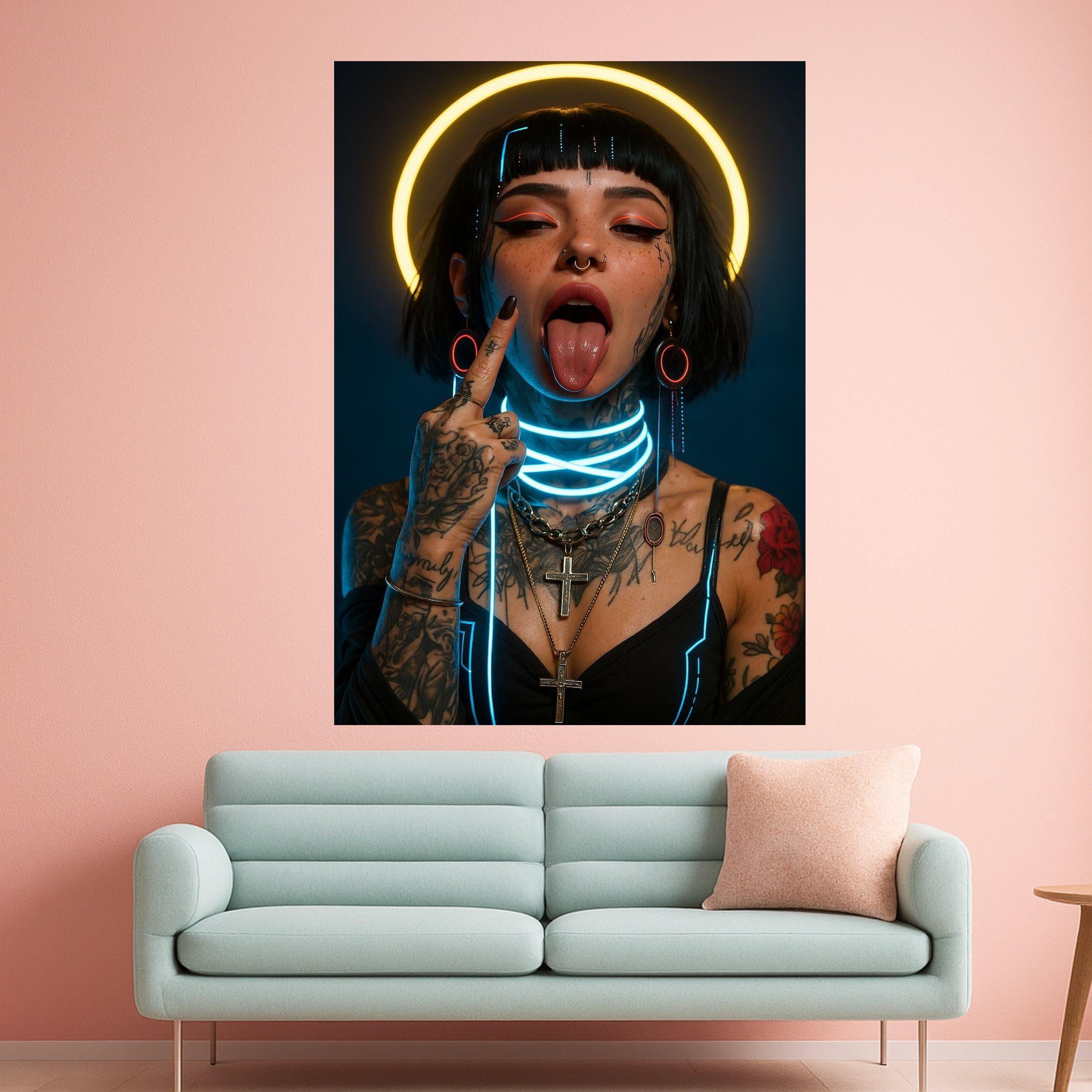 Neon Portrait Canvas Print – Cyberpunk Wall Art – Edgy Wall Decoration – Urban Wall Decor – Ready to Hang Modern Artwork