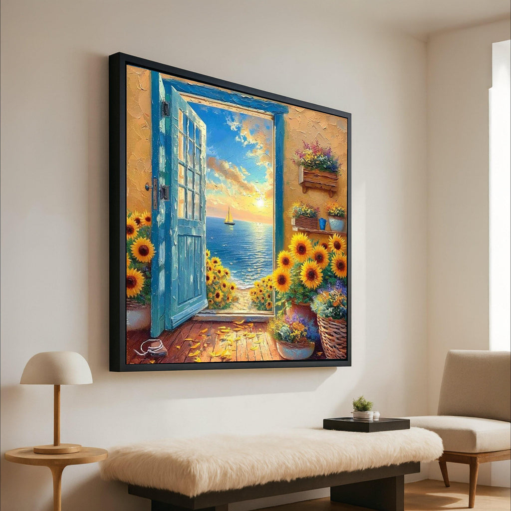 Sunflower Ocean View Canvas Print – Sunset Coastal Wall Art – Romantic Seaside Wall Decor Ready to Hang