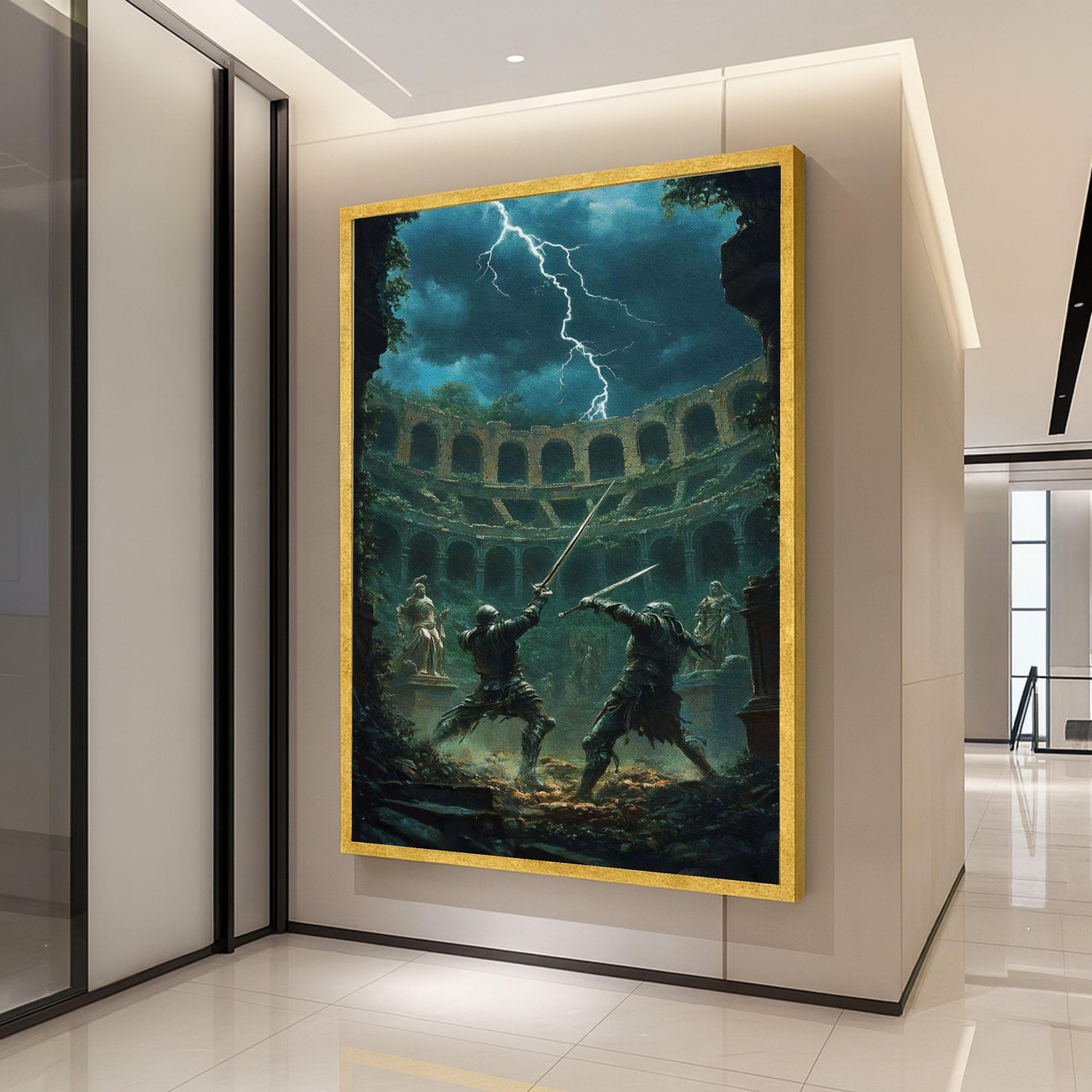 Medieval Sword Fight Canvas, Ancient Arena Battle Scene, Fantasy Warrior Duel Wall Art, Lightning Storm Background, Dark Ready To Hang,