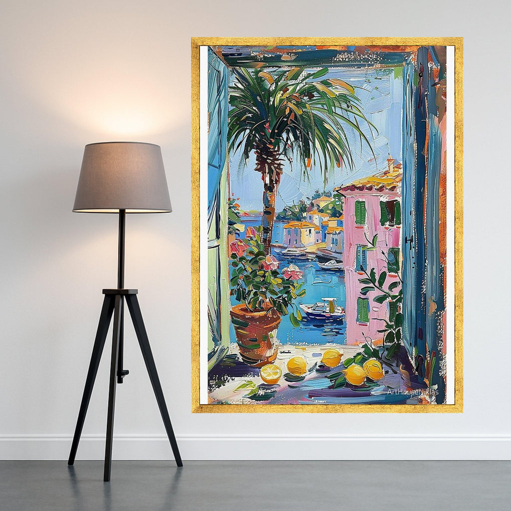 Mediterranean Seaside Canvas Print – Colorful Coastal Wall Art – Tropical Wall Decor Ready to Hang
