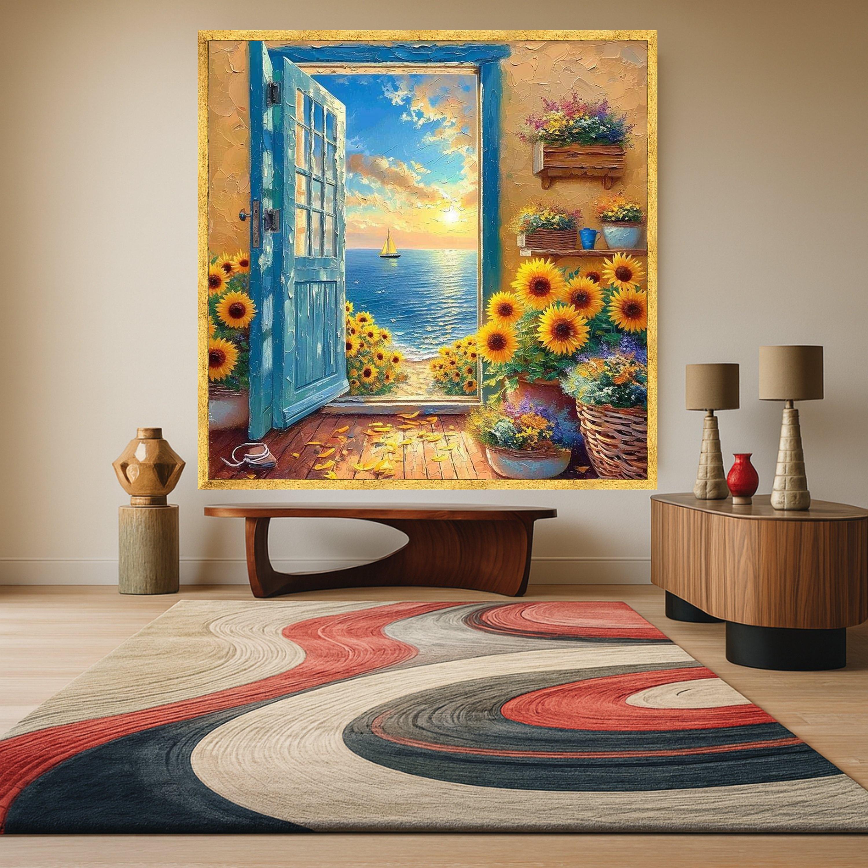 Sunflower Ocean View Canvas Print – Sunset Coastal Wall Art – Romantic Seaside Wall Decor Ready to Hang