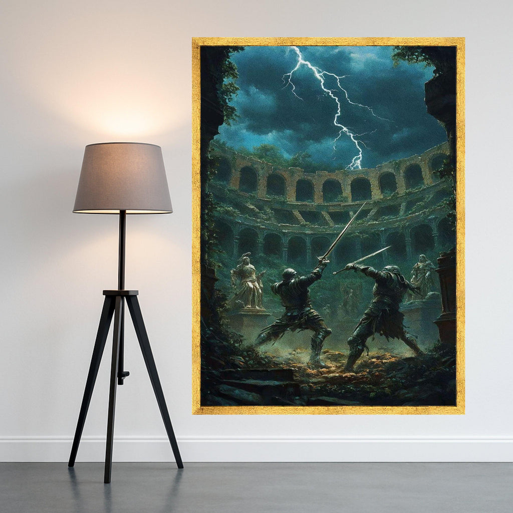 Medieval Sword Fight Canvas, Ancient Arena Battle Scene, Fantasy Warrior Duel Wall Art, Lightning Storm Background, Dark Ready To Hang,