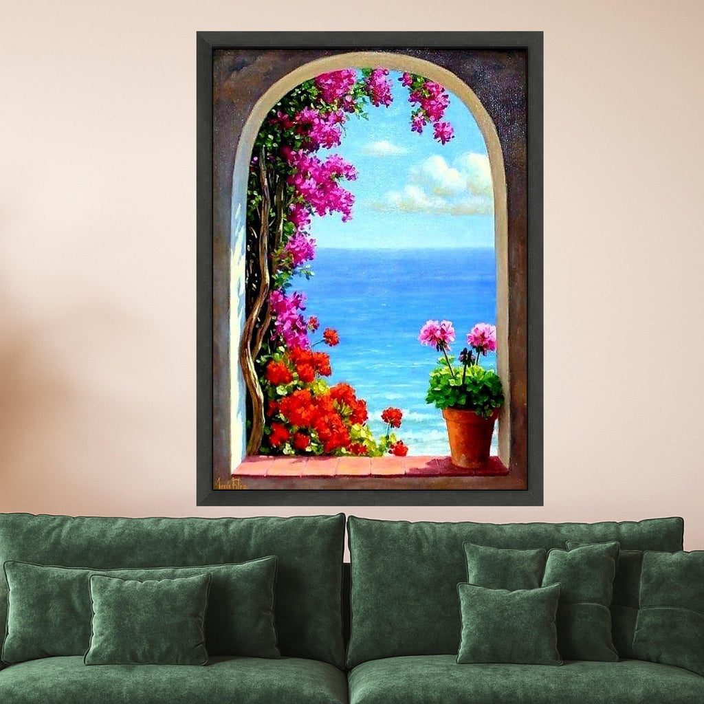 Mediterranean Window Canvas Print – Coastal Ocean View Wall Art – Floral Seaside Wall Decor Ready to Hang