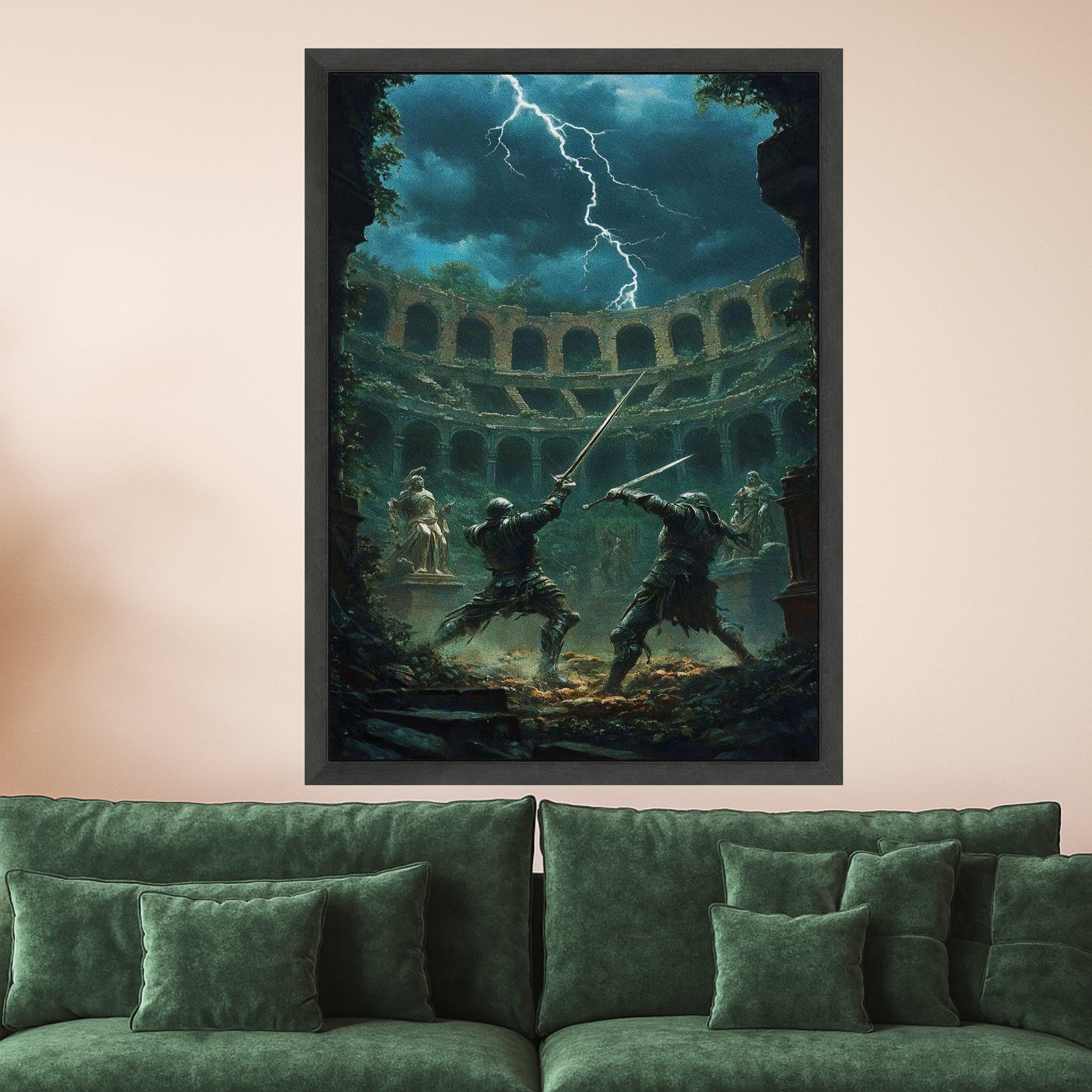 Medieval Sword Fight Canvas, Ancient Arena Battle Scene, Fantasy Warrior Duel Wall Art, Lightning Storm Background, Dark Ready To Hang,