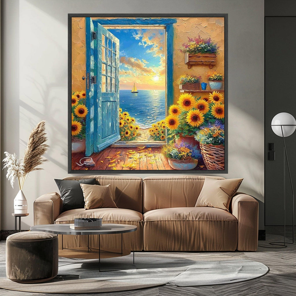 Sunflower Ocean View Canvas Print – Sunset Coastal Wall Art – Romantic Seaside Wall Decor Ready to Hang