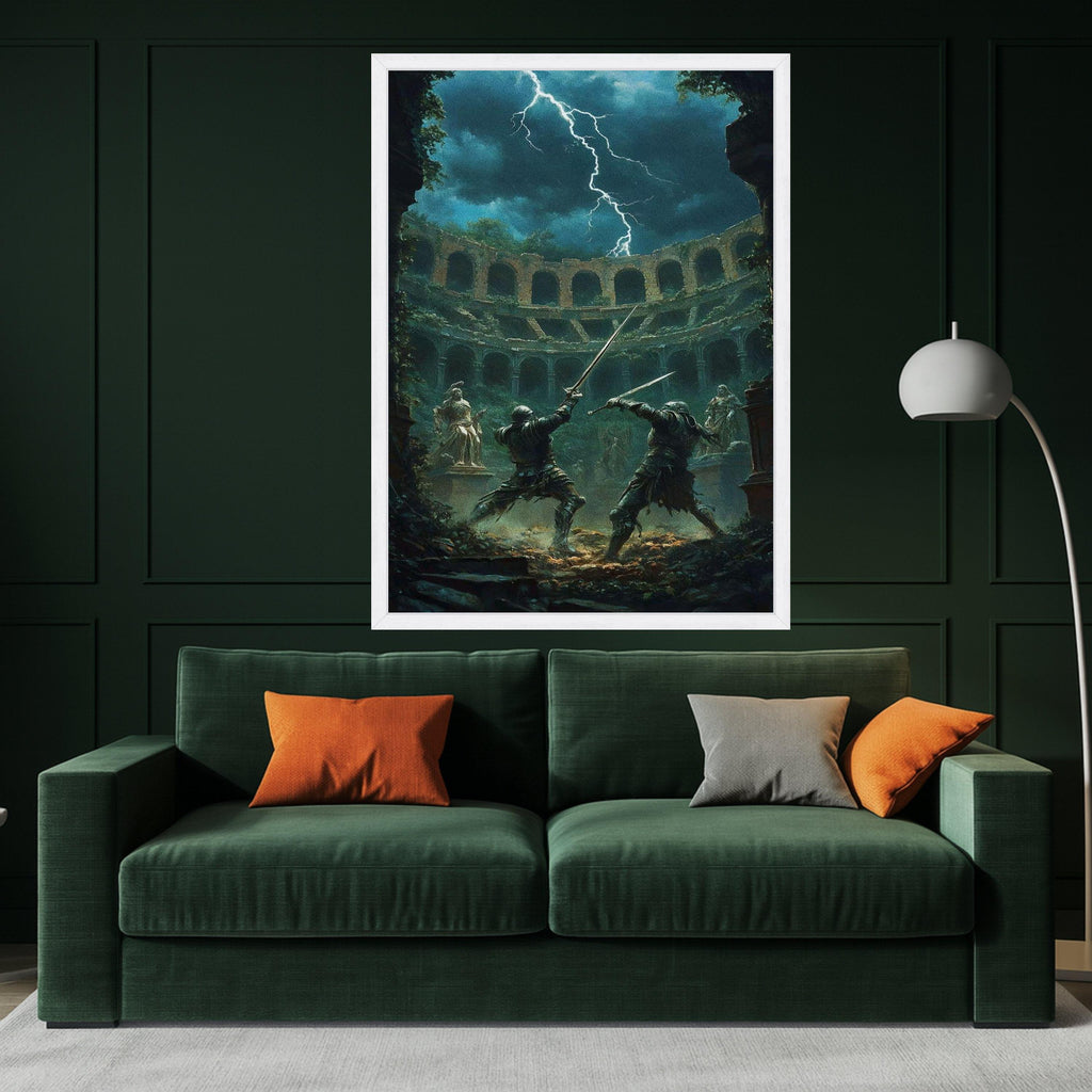Medieval Sword Fight Canvas, Ancient Arena Battle Scene, Fantasy Warrior Duel Wall Art, Lightning Storm Background, Dark Ready To Hang,