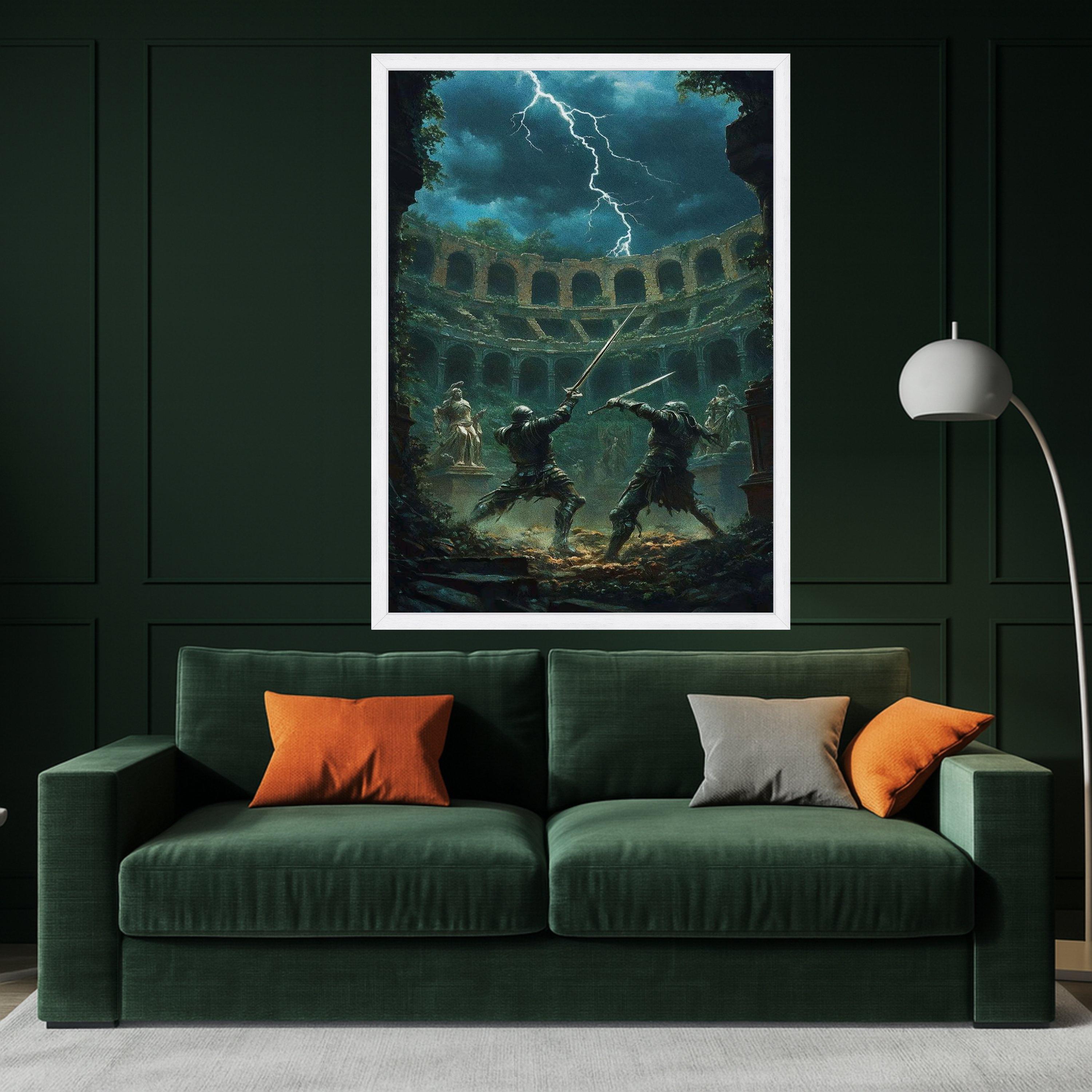 Medieval Sword Fight Canvas, Ancient Arena Battle Scene, Fantasy Warrior Duel Wall Art, Lightning Storm Background, Dark Ready To Hang,
