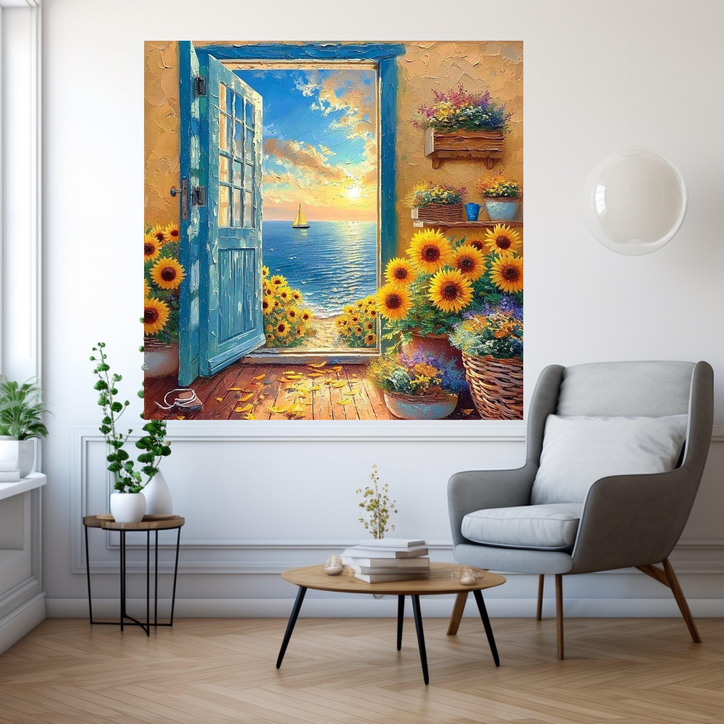 Sunflower Ocean View Canvas Print – Sunset Coastal Wall Art – Romantic Seaside Wall Decor Ready to Hang