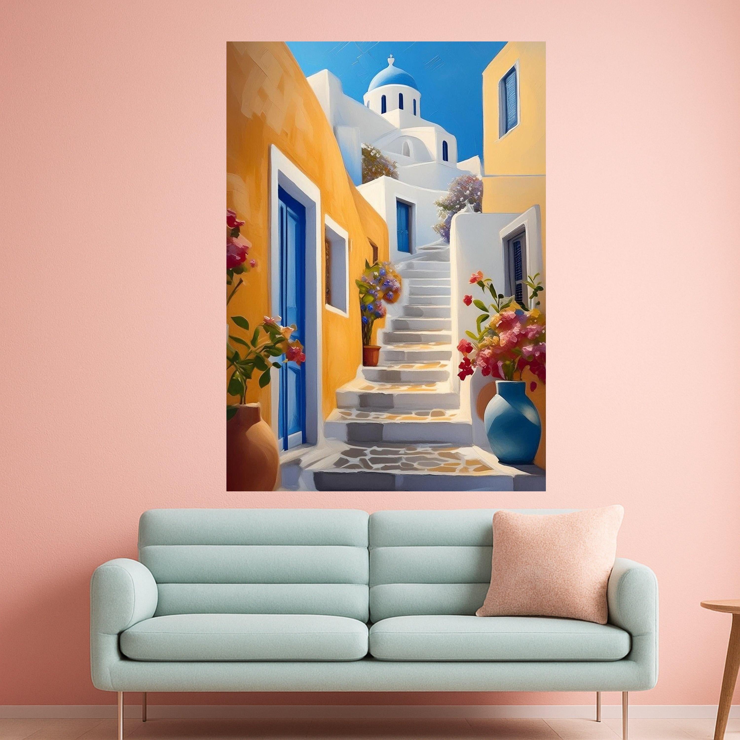 Greek Island Canvas Print – Santorini Wall Art – Mediterranean Coastal Wall Decor Ready to Hang