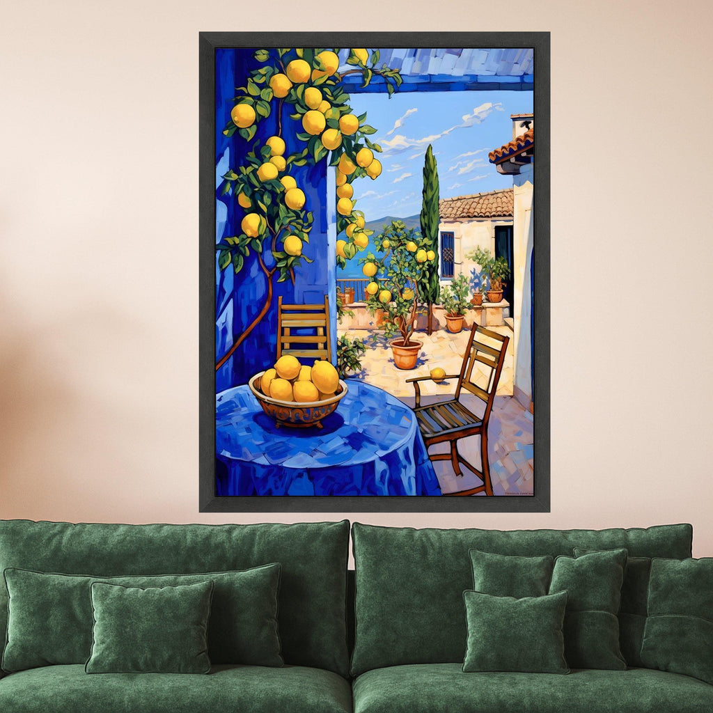 Mediterranean Lemon Tree Canvas, Sunny Patio Wall Art, Blue Tablecloth Outdoor Scene, Vibrant Home Decor, Citrus Fruit Canvas Ready To Hang,