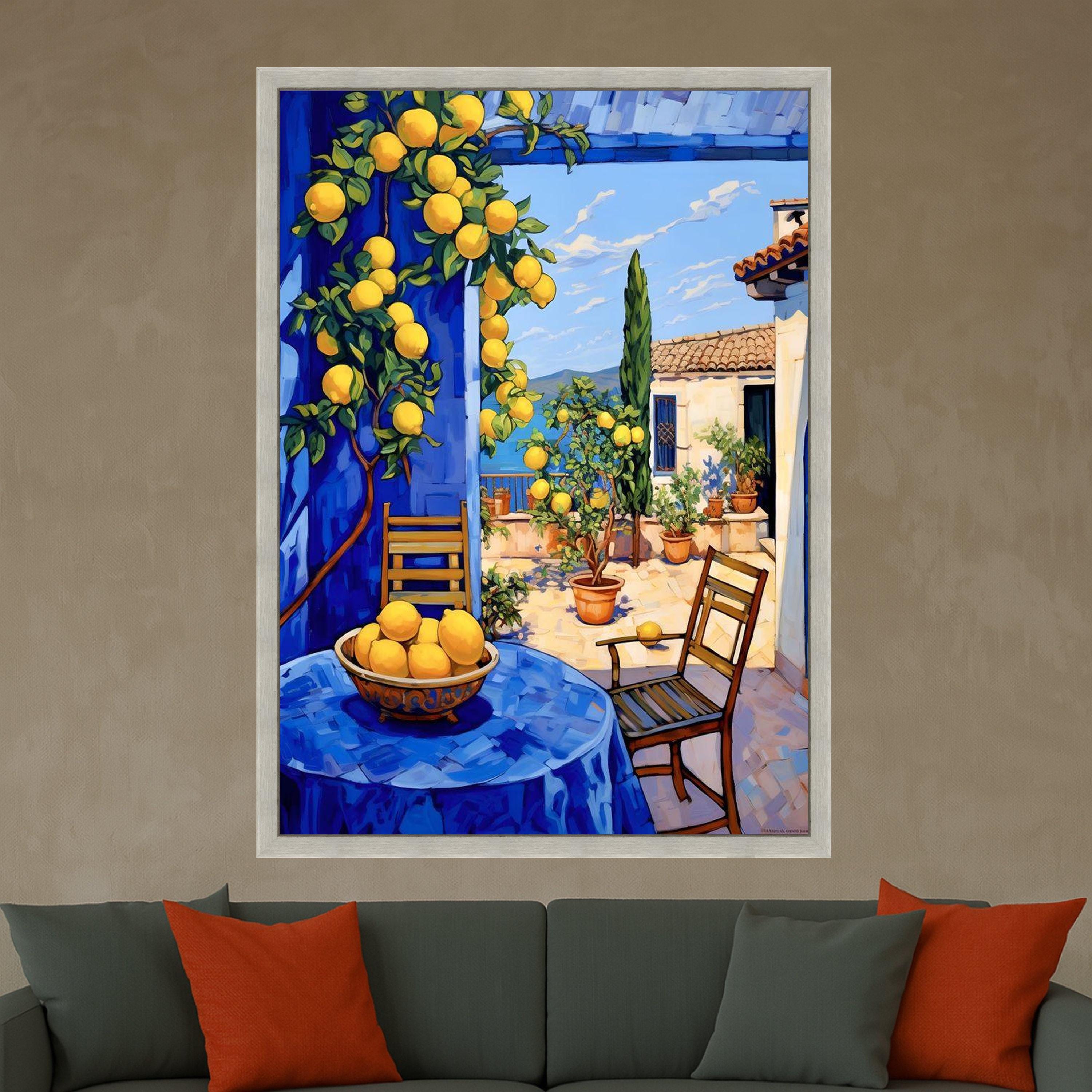 Mediterranean Lemon Tree Canvas, Sunny Patio Wall Art, Blue Tablecloth Outdoor Scene, Vibrant Home Decor, Citrus Fruit Canvas Ready To Hang,