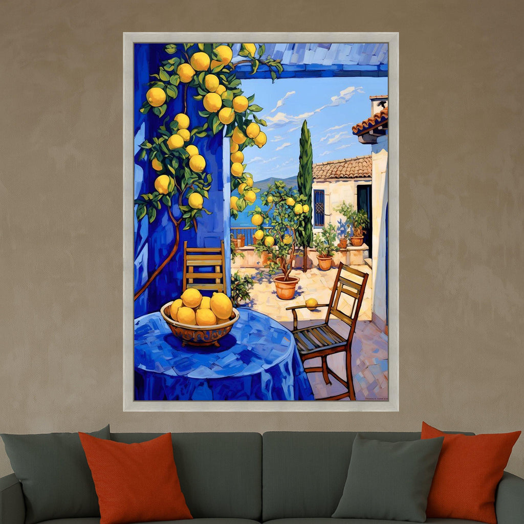 Mediterranean Lemon Tree Canvas, Sunny Patio Wall Art, Blue Tablecloth Outdoor Scene, Vibrant Home Decor, Citrus Fruit Canvas Ready To Hang,