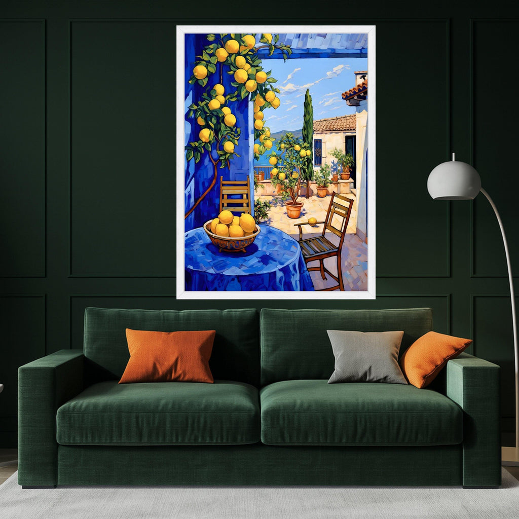 Mediterranean Lemon Tree Canvas, Sunny Patio Wall Art, Blue Tablecloth Outdoor Scene, Vibrant Home Decor, Citrus Fruit Canvas Ready To Hang,