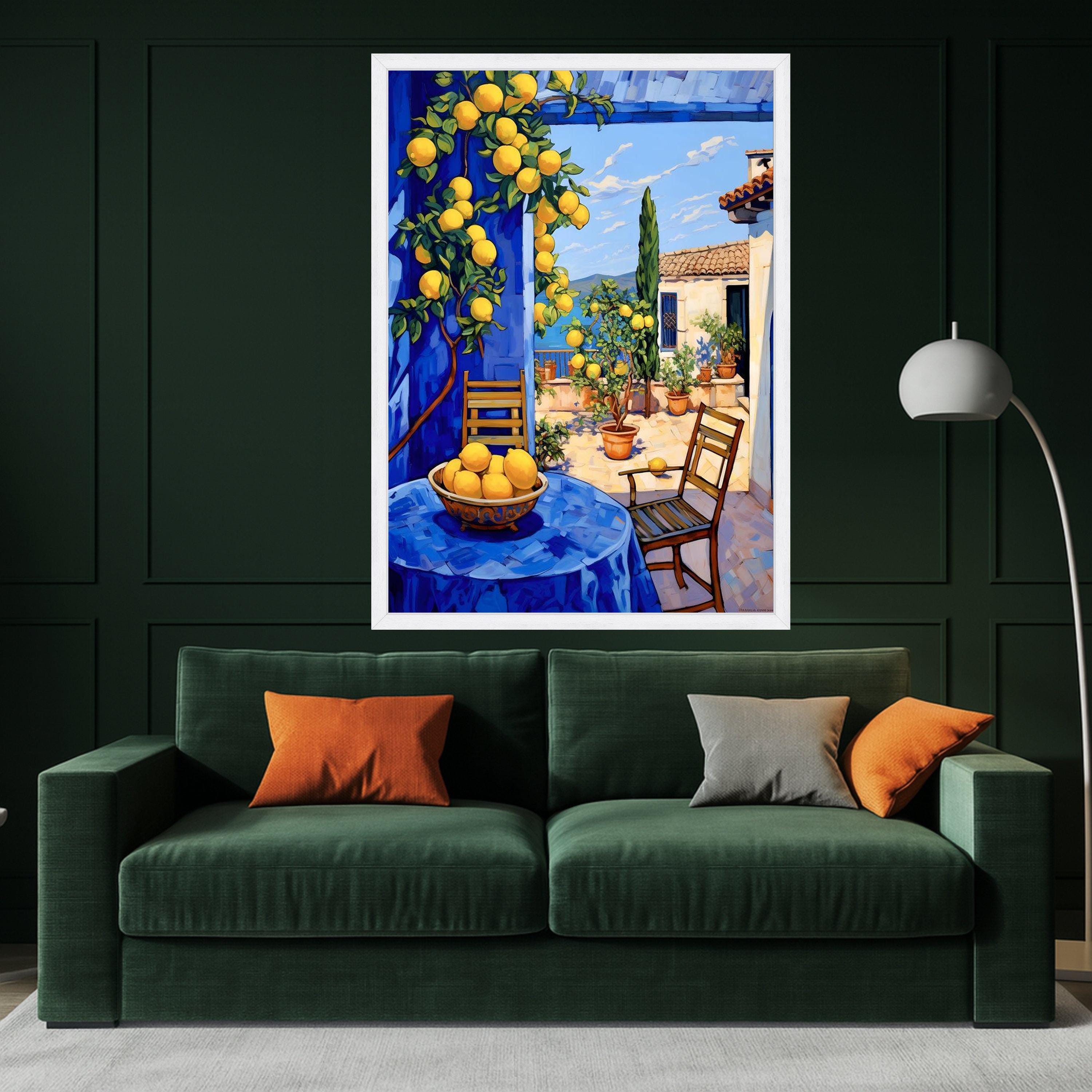 Mediterranean Lemon Tree Canvas, Sunny Patio Wall Art, Blue Tablecloth Outdoor Scene, Vibrant Home Decor, Citrus Fruit Canvas Ready To Hang,