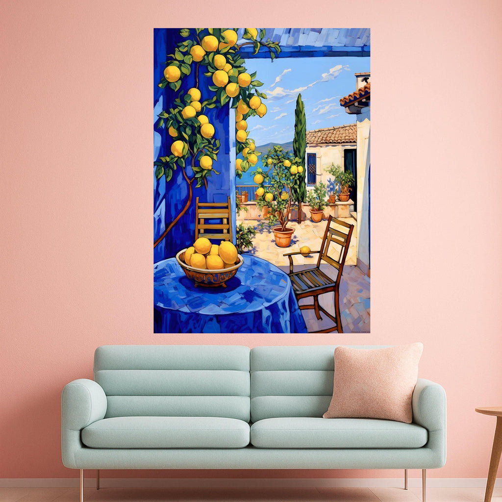 Mediterranean Lemon Tree Canvas, Sunny Patio Wall Art, Blue Tablecloth Outdoor Scene, Vibrant Home Decor, Citrus Fruit Canvas Ready To Hang,