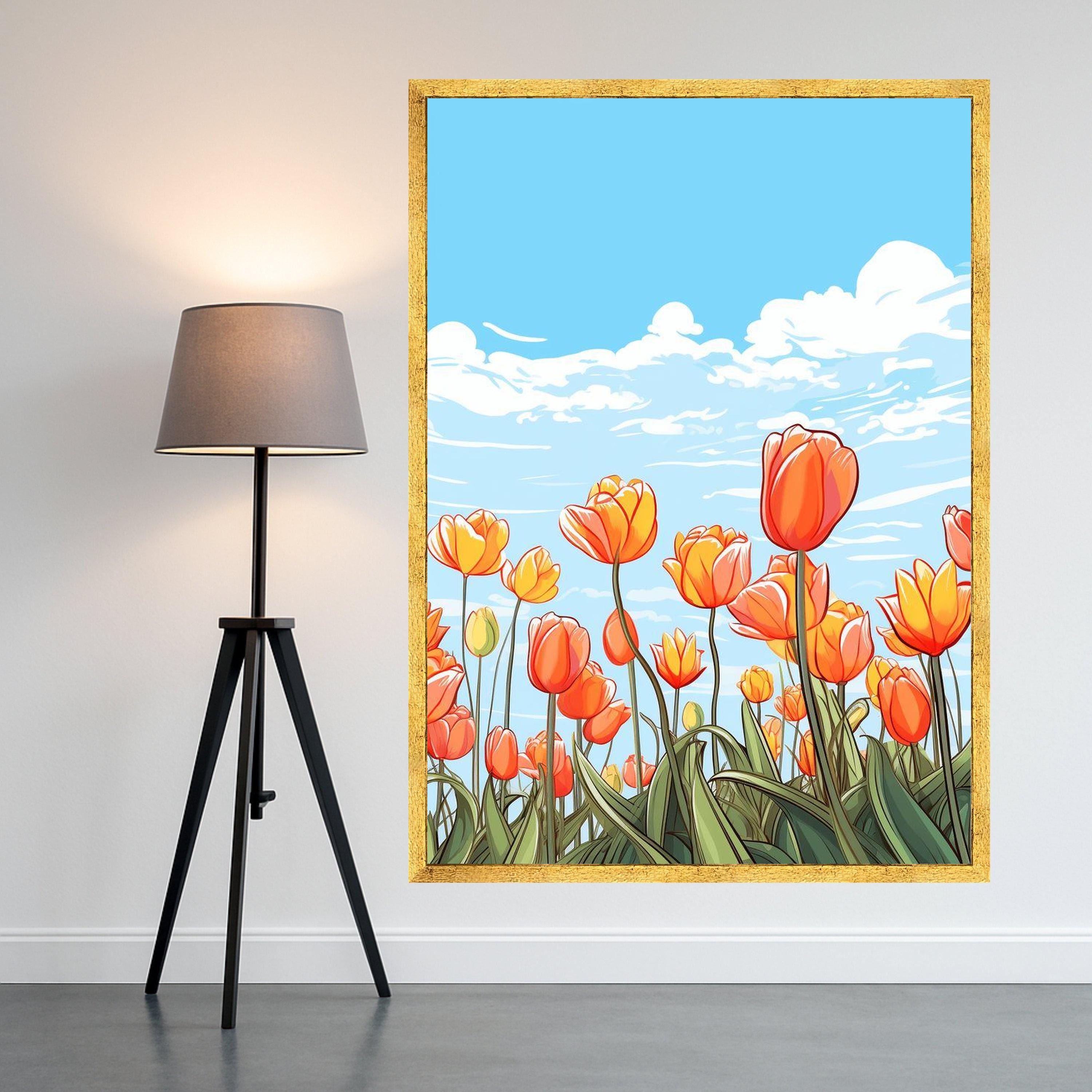 Vibrant Orange Tulips Canvas Art, Floral Field Wall Decor, Spring Flowers Illustration, Blue Sky Landscape, Botanical Canvas Ready To Hang,