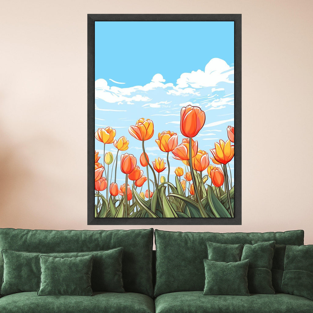 Vibrant Orange Tulips Canvas Art, Floral Field Wall Decor, Spring Flowers Illustration, Blue Sky Landscape, Botanical Canvas Ready To Hang,