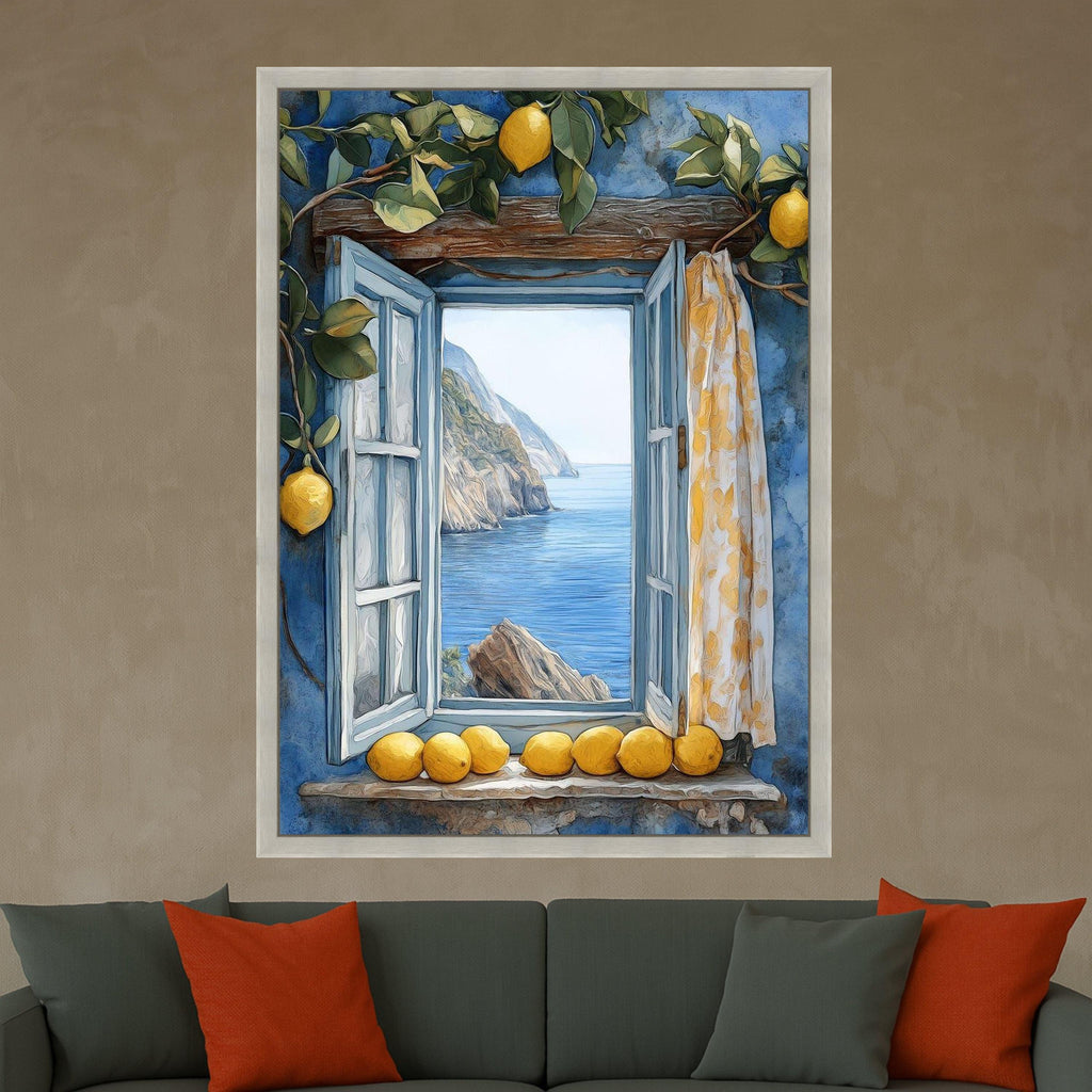 Coastal Window View Canvas, Mediterranean Sea Landscape, Lemon Branch Wall Art, Rustic Blue Frame, Summer Home Decor Canvas Ready To Hang,